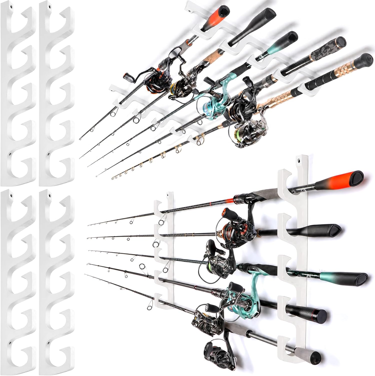 PLUSINNO H5W Solid Wood Fishing Rod Holder, Horizontal Wall & Ceiling Mount Fishing Pole Holders for Garage Storage, Holds 5Rods,
