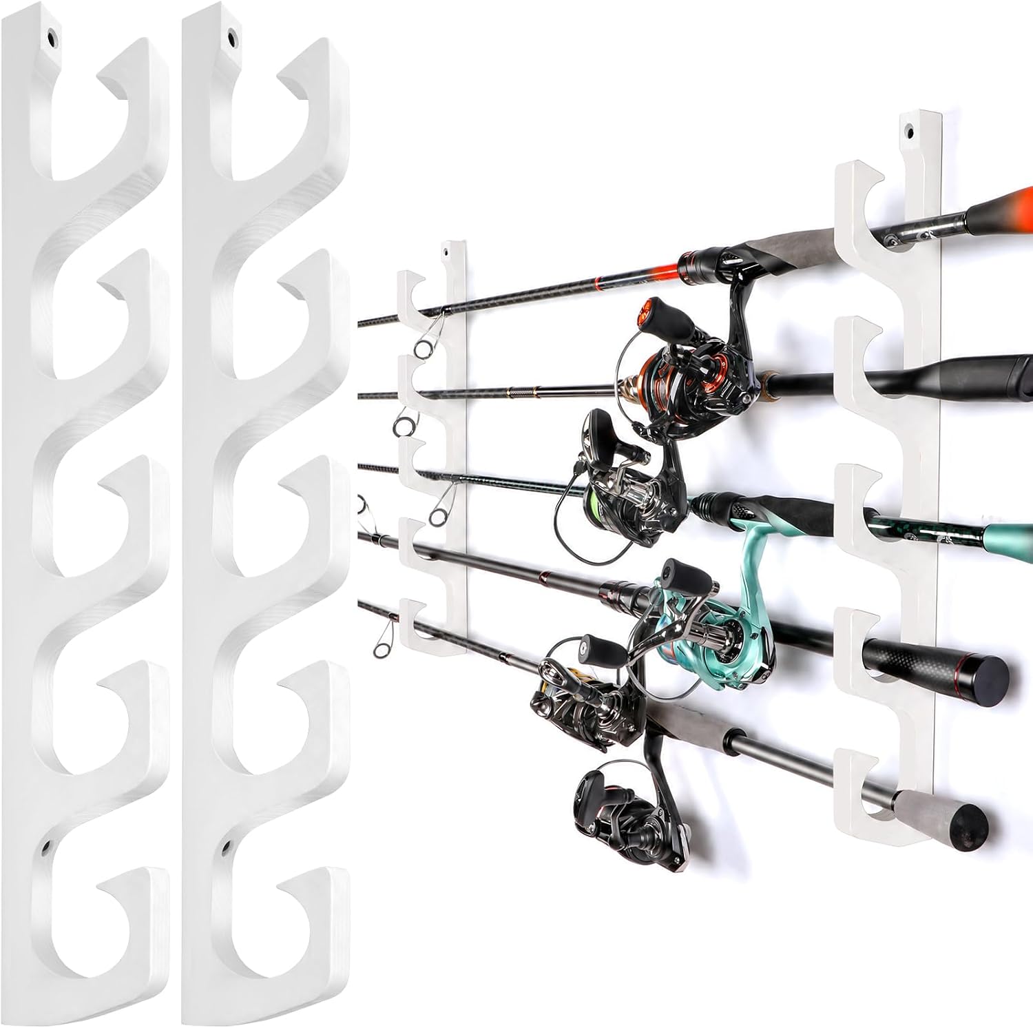 PLUSINNO H5W Solid Wood Fishing Rod Holder, Horizontal Wall & Ceiling Mount Fishing Pole Holders for Garage Storage, Holds 5Rods,