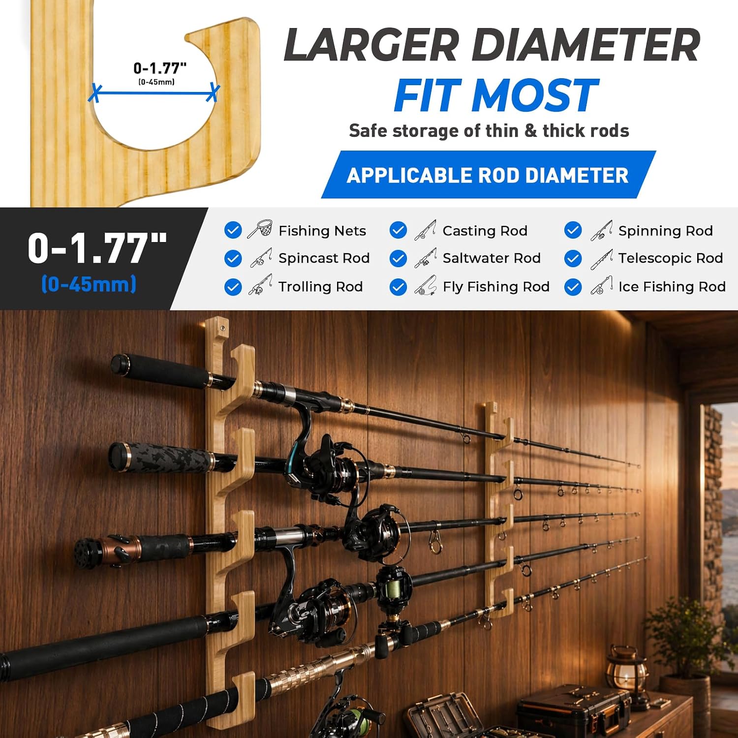 PLUSINNO H5W Solid Wood Fishing Rod Holder, Horizontal Wall & Ceiling Mount Fishing Pole Holders for Garage Storage, Holds 5Rods,