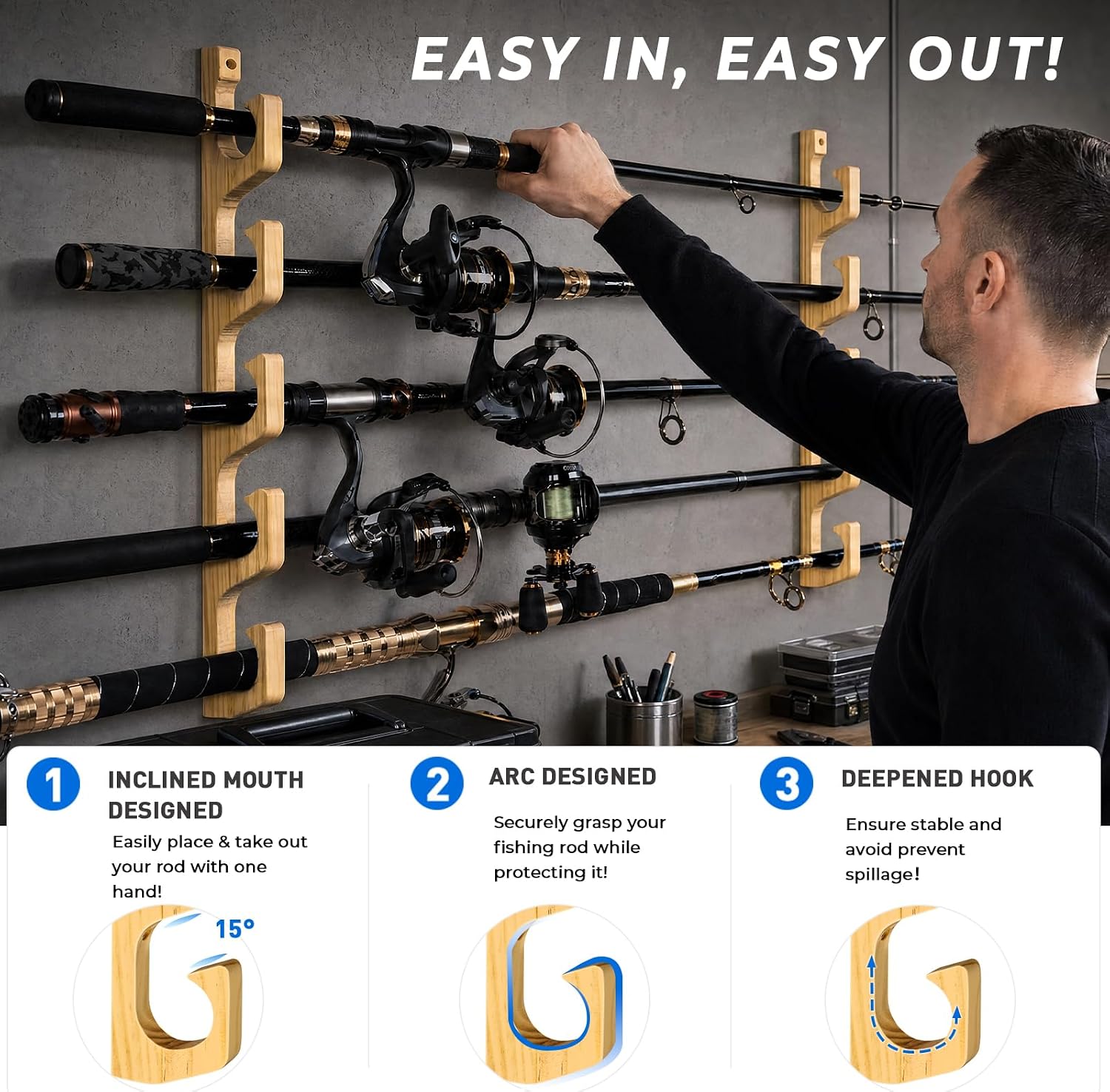 PLUSINNO H5W Solid Wood Fishing Rod Holder, Horizontal Wall & Ceiling Mount Fishing Pole Holders for Garage Storage, Holds 5Rods,