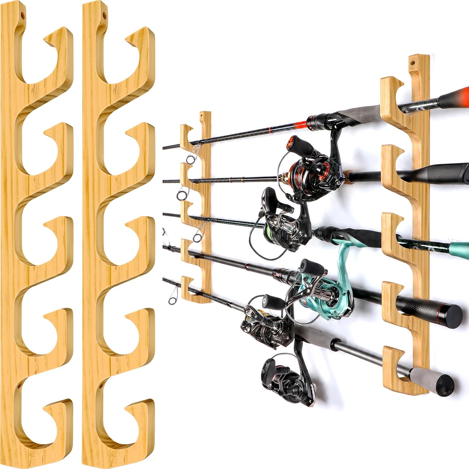 PLUSINNO H5W Solid Wood Fishing Rod Holder, Horizontal Wall & Ceiling Mount Fishing Pole Holders for Garage Storage, Holds 5Rods