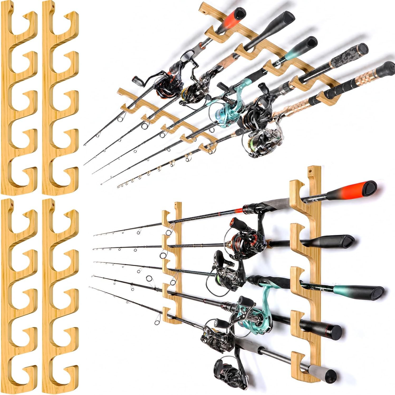 PLUSINNO H5W Solid Wood Fishing Rod Holder, Horizontal Wall & Ceiling Mount Fishing Pole Holders for Garage Storage, Holds 5Rods,