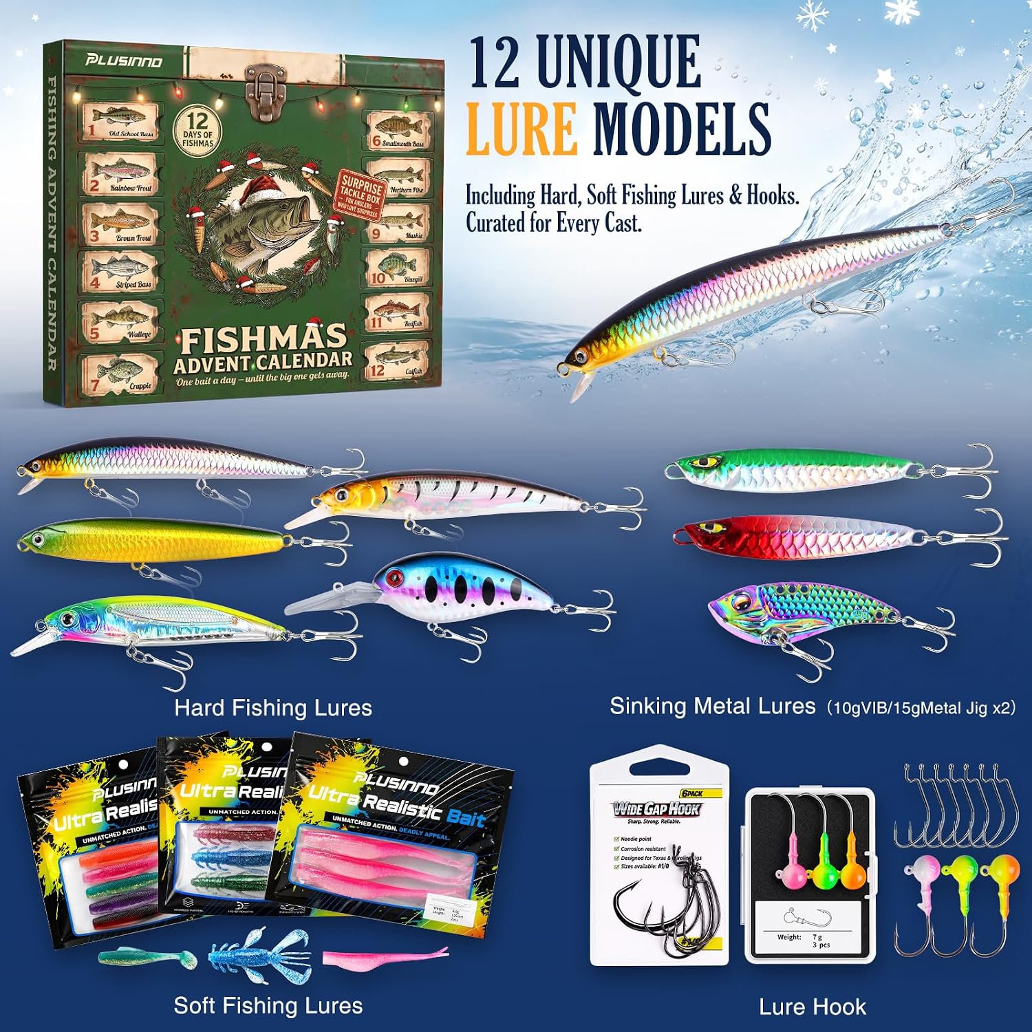 PLUSINNO Fishing Advent Calendar 2026 Lure Xmas Gift Adult Men Teen Boys