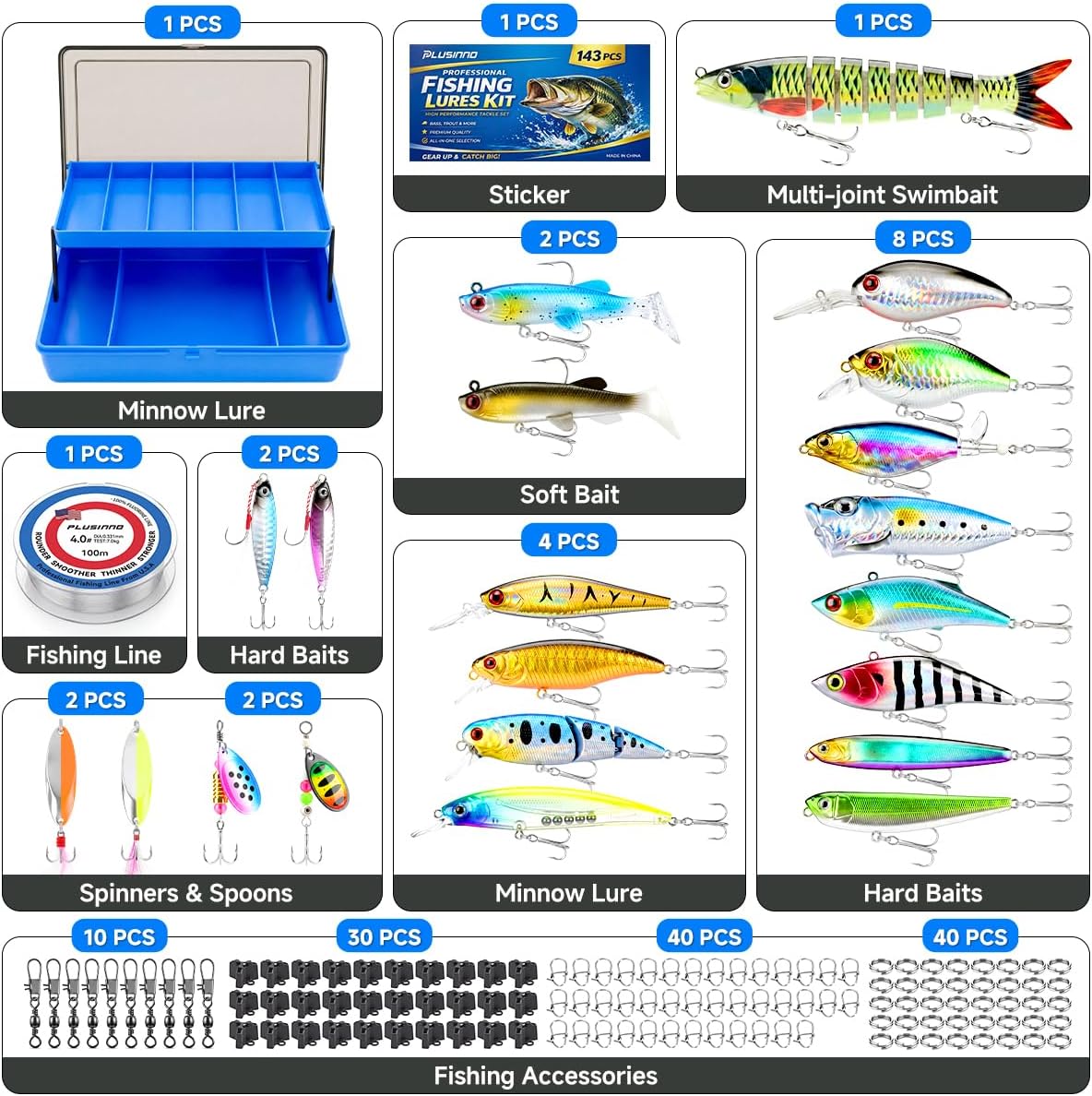 PLUSINNO 143PCSFishing Lures Kit Tackle Box, Premium Fishing Bait Set for Bass,