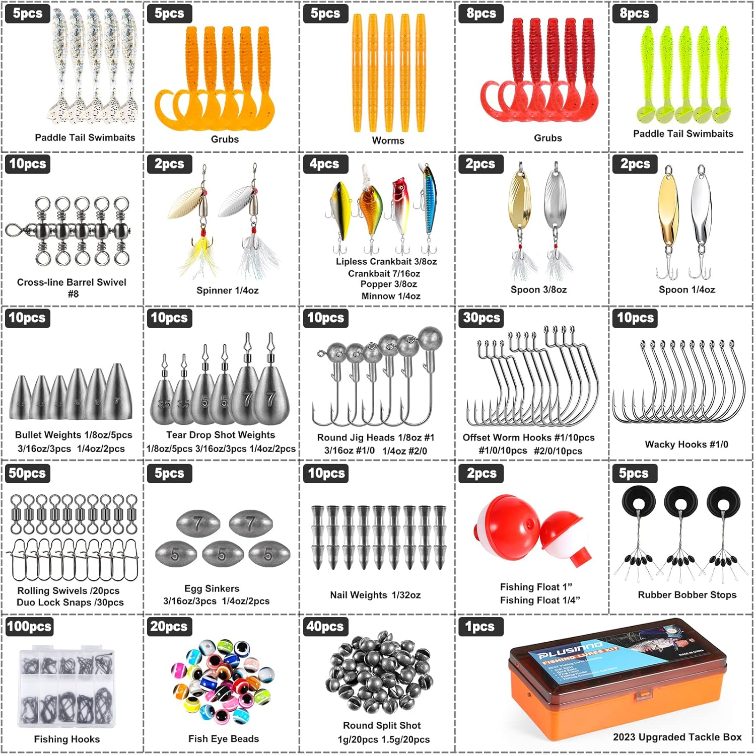 PLUSINNO 353PCS Fishing Lures,Upgrade Fishing Tackle Box with Tackle Included, Crankbaits, Hooks, Weights, Other Accessories