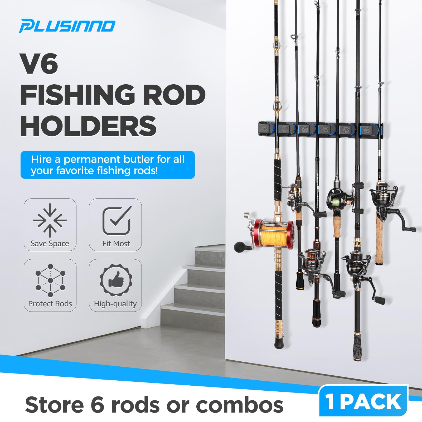 eYotto Horizontal Fishing Rod Rack Wall Mount Rod Holder, 6 Vertical Fishing  Pole Storage Organizer 