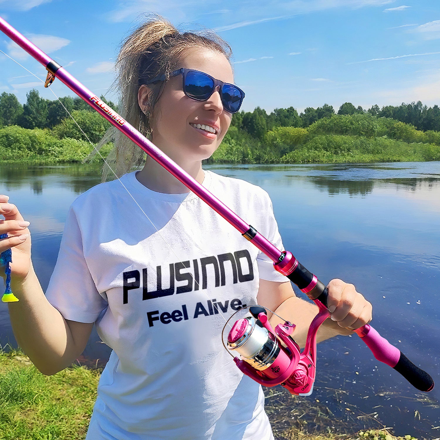 PLUSINNO Ensemble canne à pêche et moulinet télescopique rose pour femme