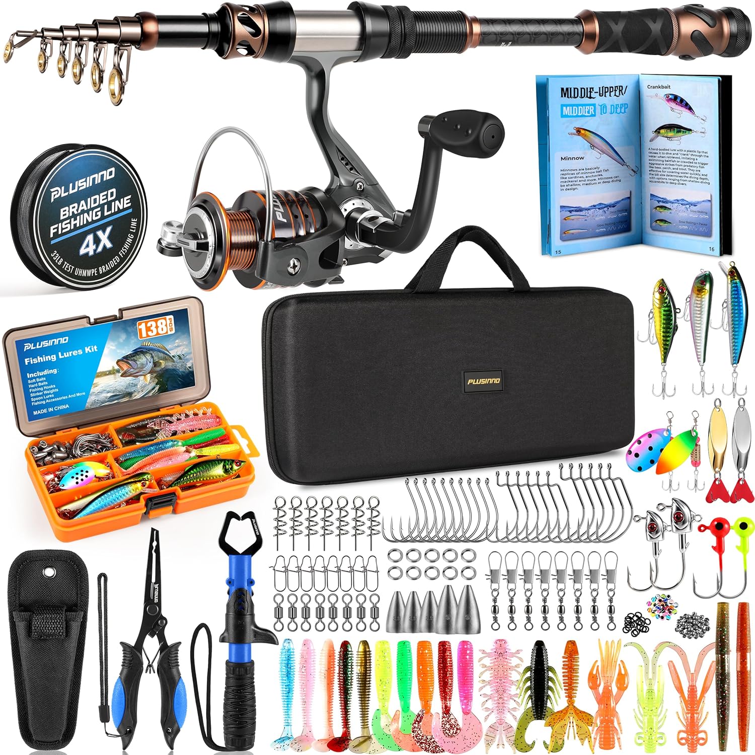 combo telescope fishing pole Telescopic Rod Reel for Saltwater and Freshwater Use this rod and reel combo comes complete with two lures to attract bass PLUSINNO Fishing Rod and Reel