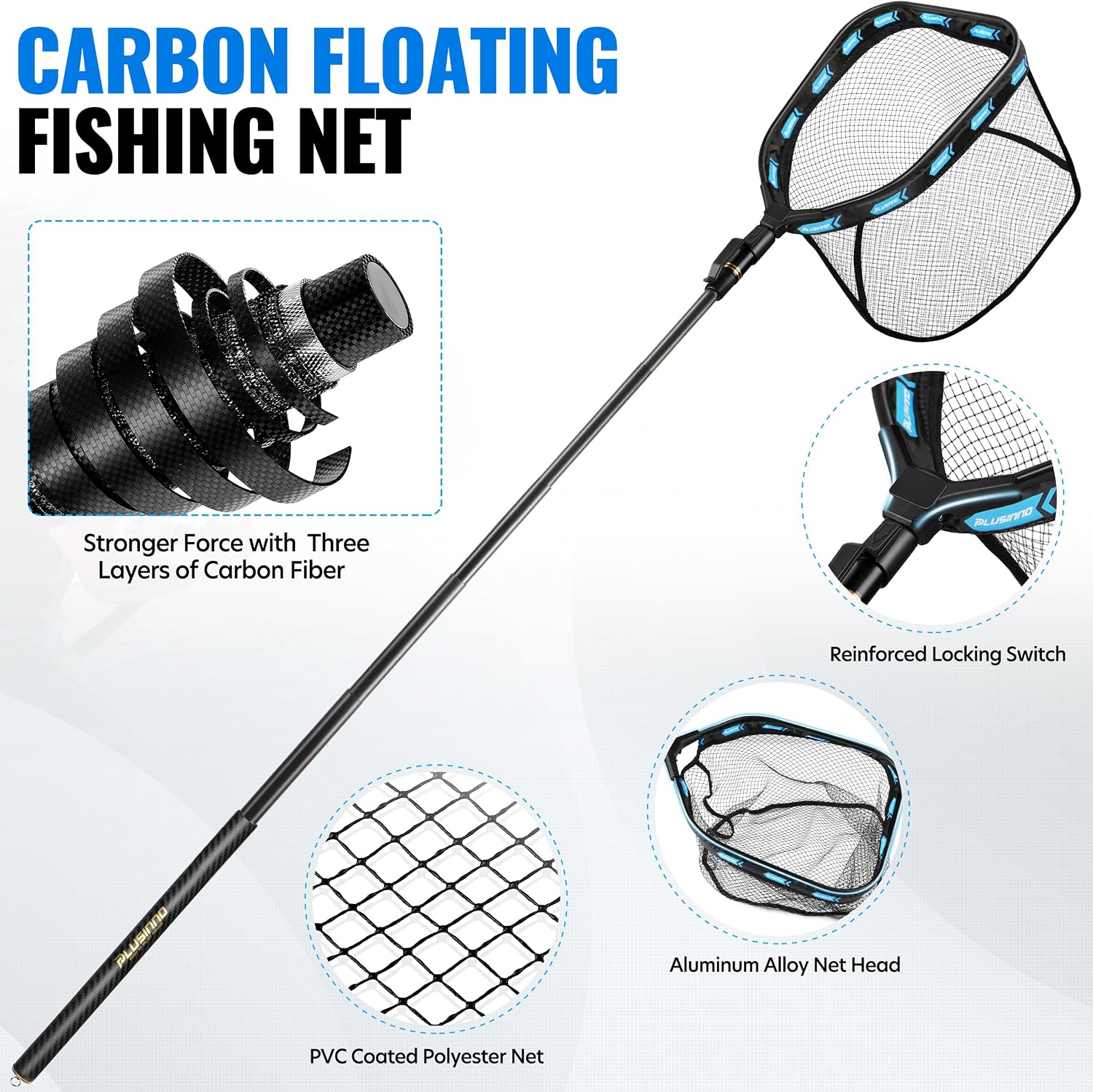 PLUSINNO Fishing Net Carbon Fiber Long Fish Net and fishing plier can easily split rings,