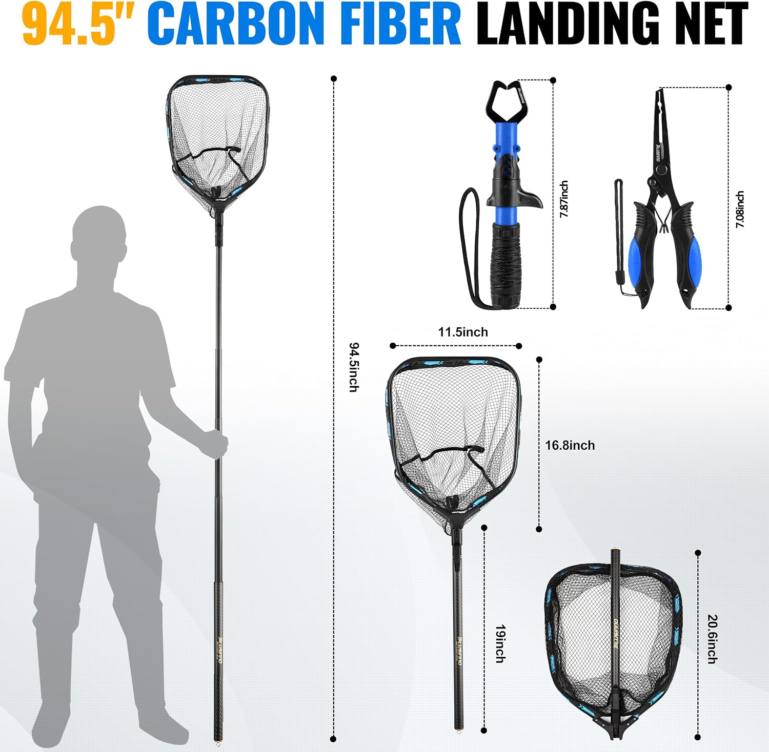 PLUSINNO Fishing Net Carbon Fiber Long Fish Net and fishing plier can easily split rings,