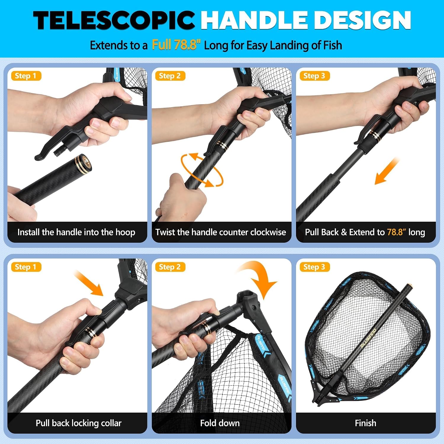 PLUSINNO Fishing Net Carbon Fiber Long Fish Net and fishing plier can easily split rings,