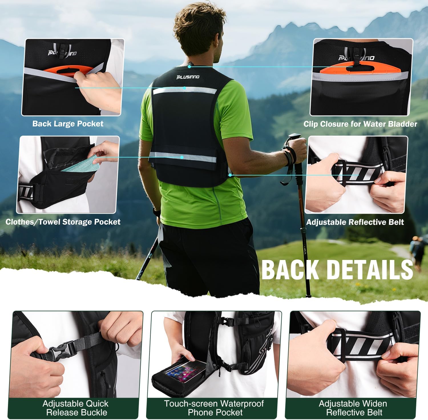 PLUSINNO Running Vest for Women Men, Running Hydration Vest with 500ml Soft Flask