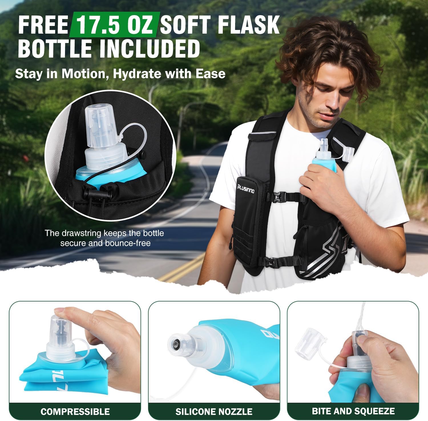 PLUSINNO Running Vest for Women Men, Running Hydration Vest with 500ml Soft Flask