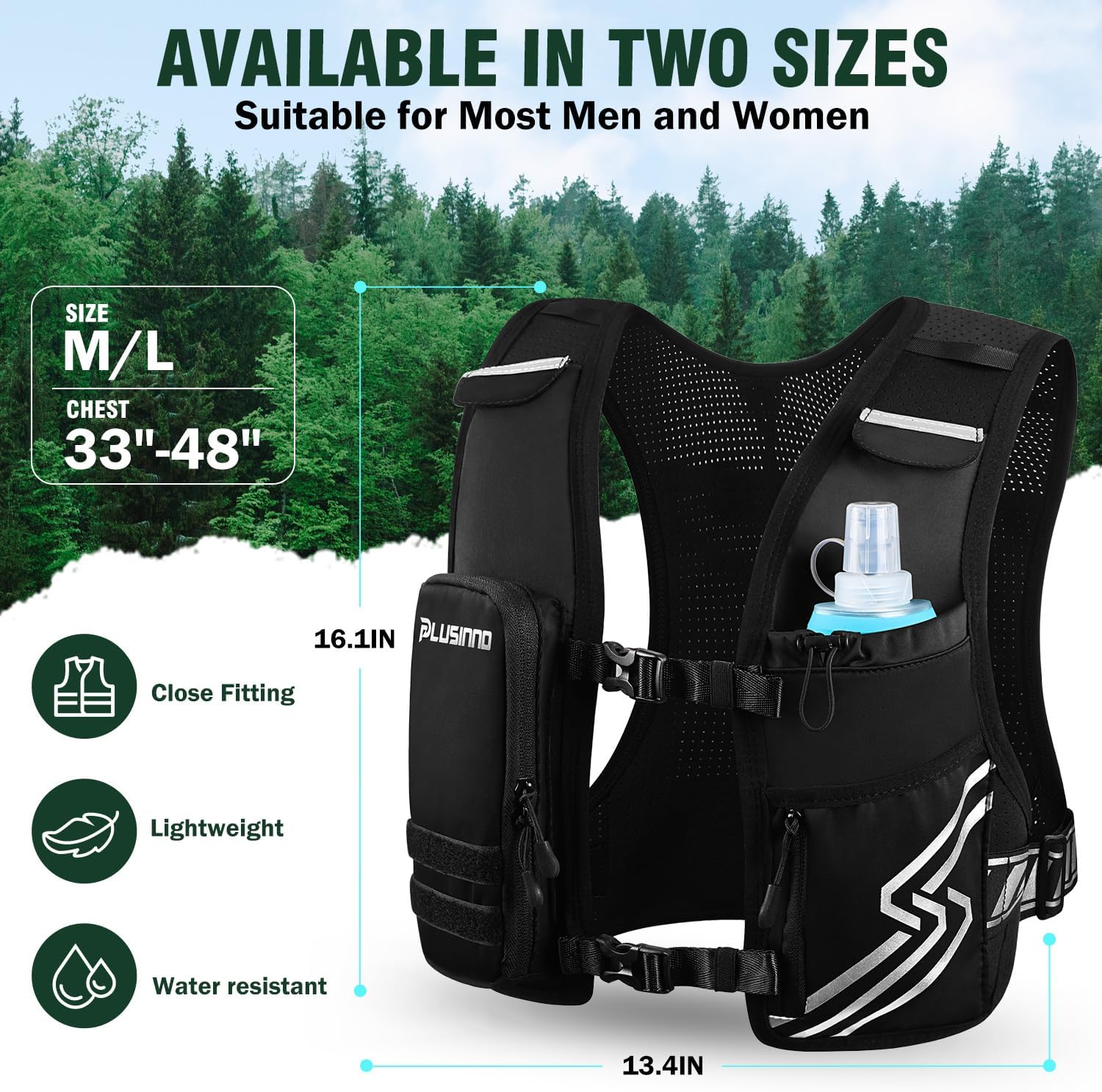 PLUSINNO Running Vest for Women Men, Running Hydration Vest with 500ml Soft Flask
