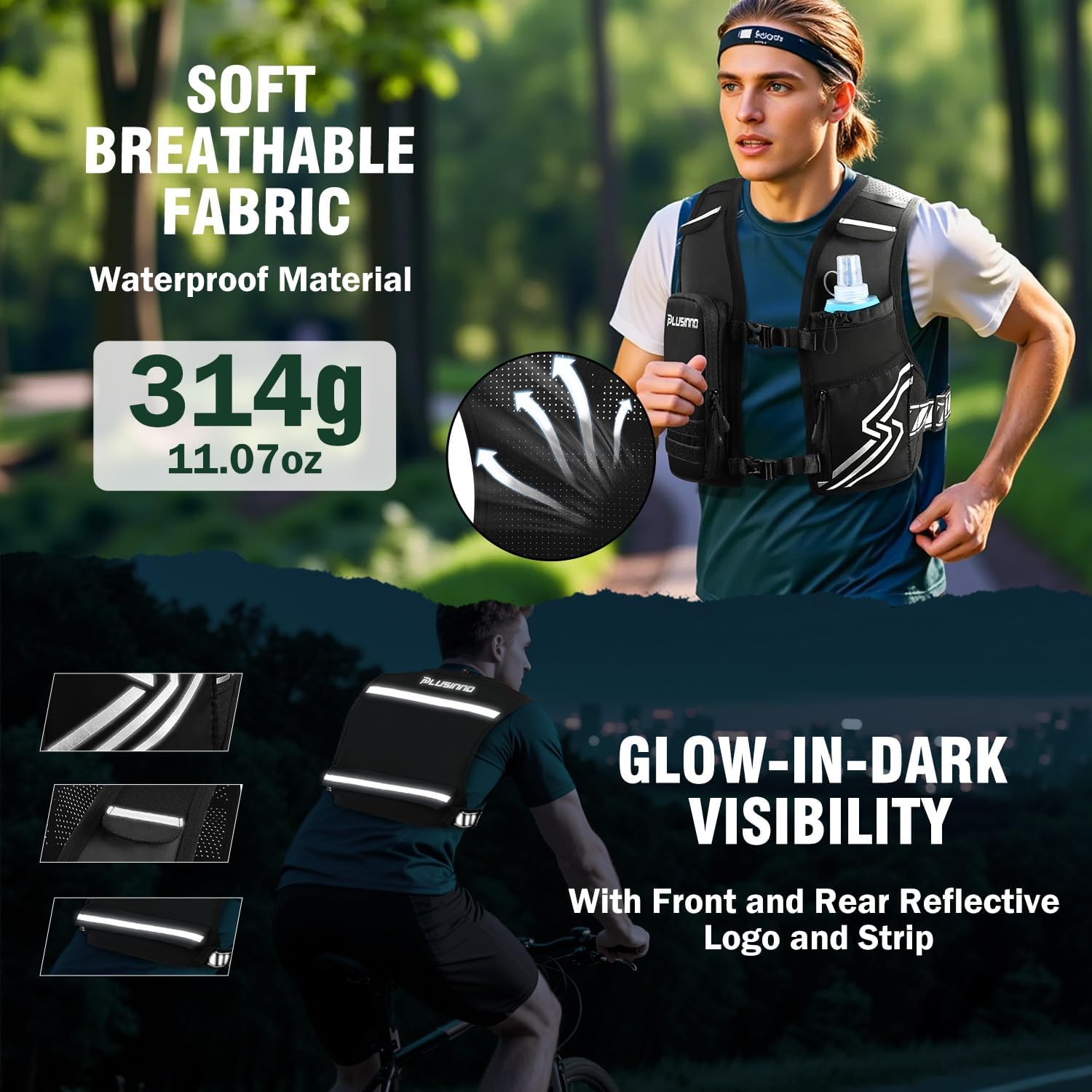 PLUSINNO Running Vest for Women Men, Running Hydration Vest with 500ml Soft Flask