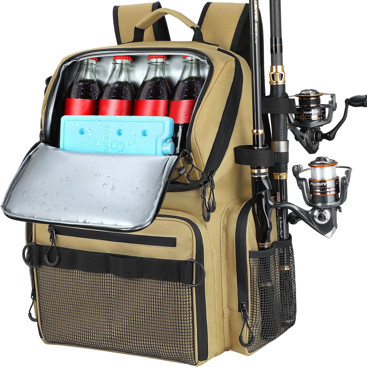PLUSINNO 45L Large Water-resistant Backpack with Rod Holders & Cooler