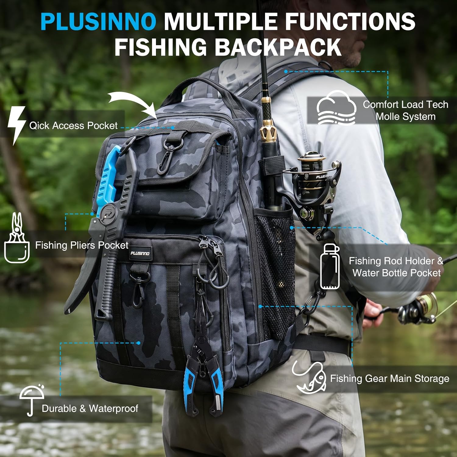 PLUSINNO Fishing Backpack with Fishing Gear, Tackle Box, Fish Accessories & Tools
