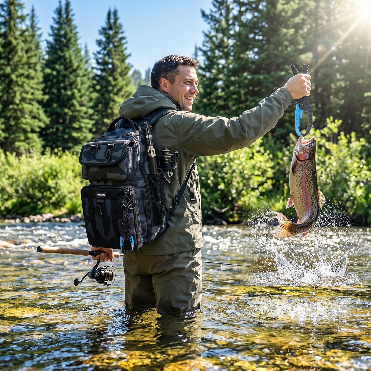 PLUSINNO Fishing Backpack with Fishing Gear, Tackle Box, Fish Accessories & Tools