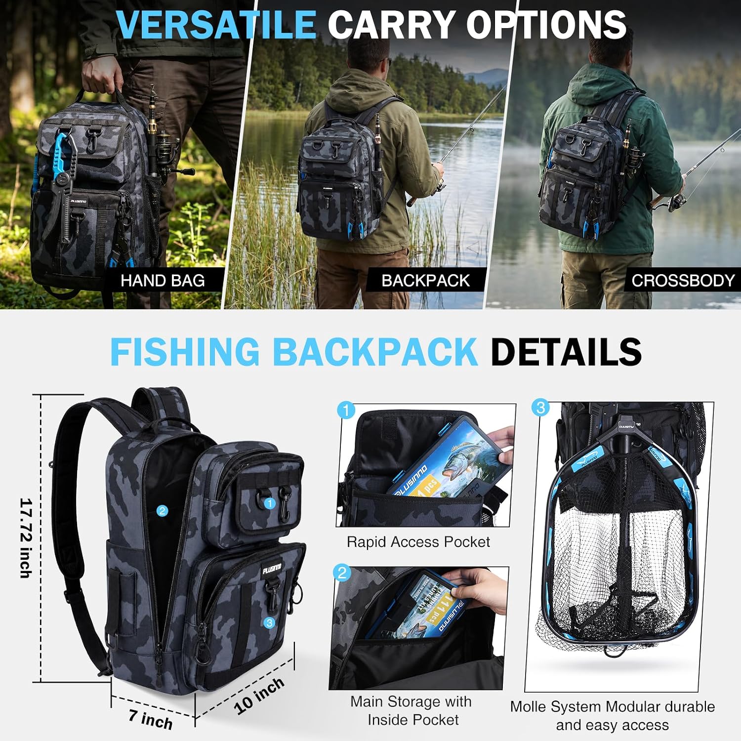 PLUSINNO Fishing Backpack with Fishing Gear, Tackle Box, Fish Accessories & Tools