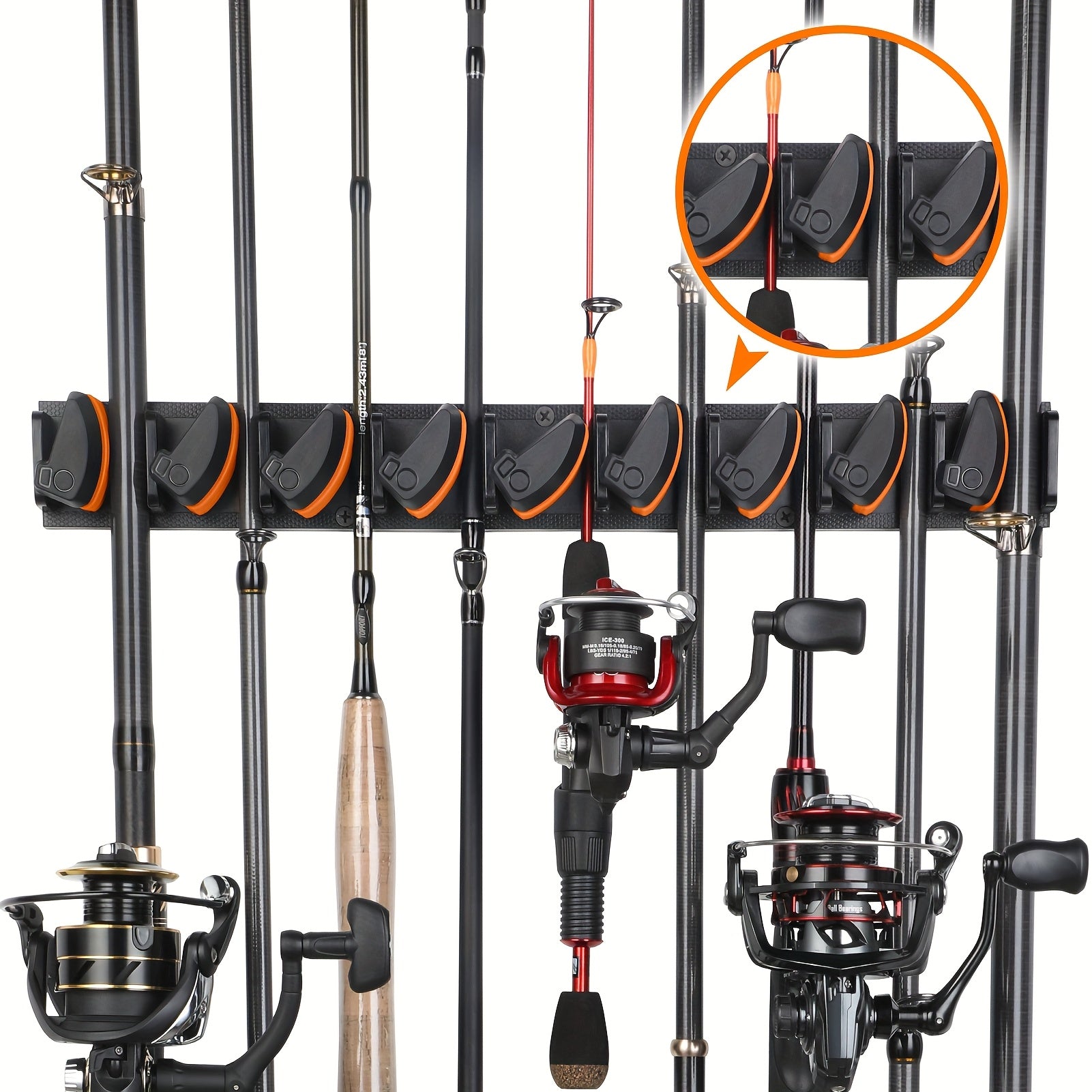 2 PACK kFishing Rod Holder for Garage, Vertical Fishing Rod Rack Orange Color, Wall Mounted Pole Holder with 9 Clamps, Fishing Gear Gifts for Men, Father's Day Gifts