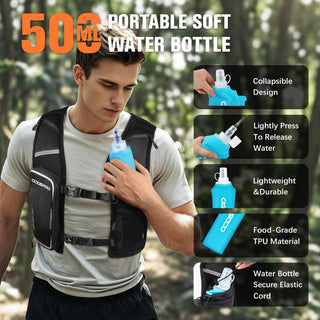 M chest 33''-48''Running Vest for Women Men, Phone Pocket Running Hydration Vest with 500ML Soft Flask, Adjustable Chest Waist Straps, 10 Pockets Reflective Breathable Hydration Vest for Hiking, Biking, Marathon