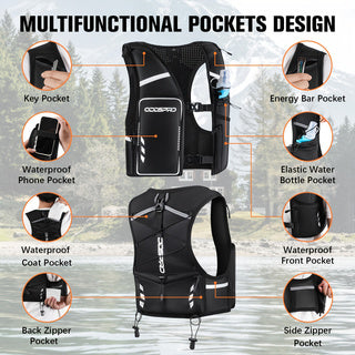 M chest 33''-48''Running Vest for Women Men, Phone Pocket Running Hydration Vest with 500ML Soft Flask, Adjustable Chest Waist Straps, 10 Pockets Reflective Breathable Hydration Vest for Hiking, Biking, Marathon