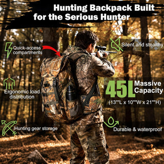 All-Weather 45L Hunting Backpack – Waterproof + Rain Cover + Padded Scabbard | Must-Have Gear for Deer Hunters | Great Gift To Chose