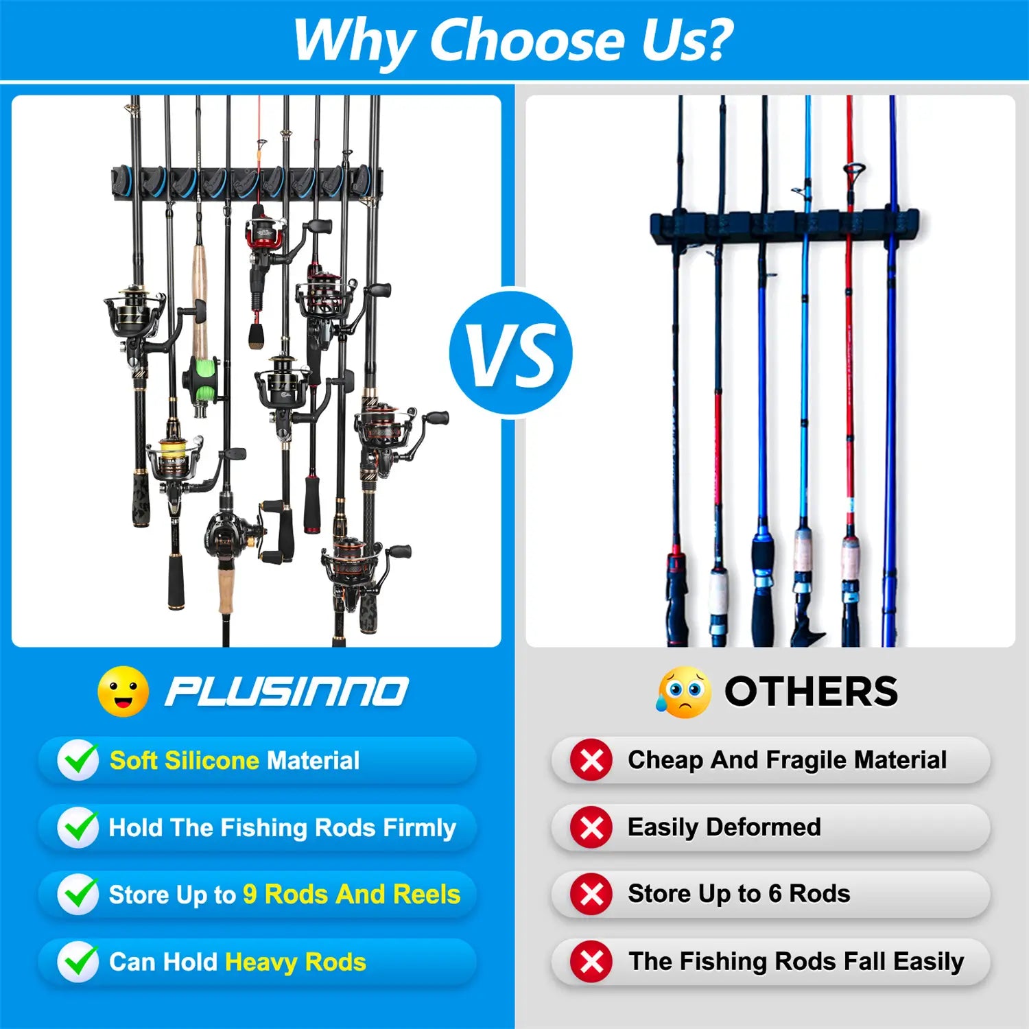 PLUSINNO V9 Fishing Pole Organizer Holder Wall Rack for Home