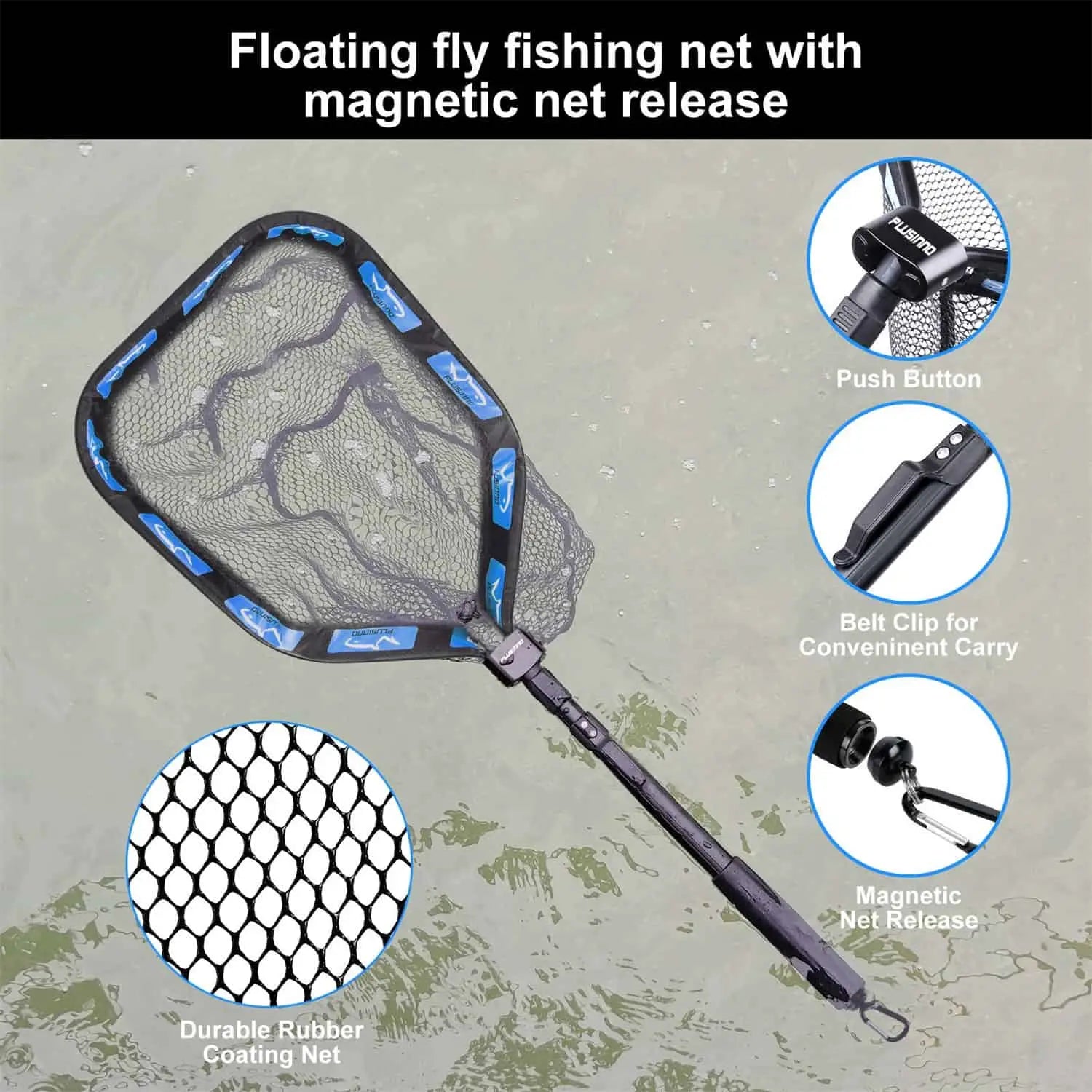 PLUSINNO FN2 Épuisette flottante carrée pour poissons avec dégagement magnétique