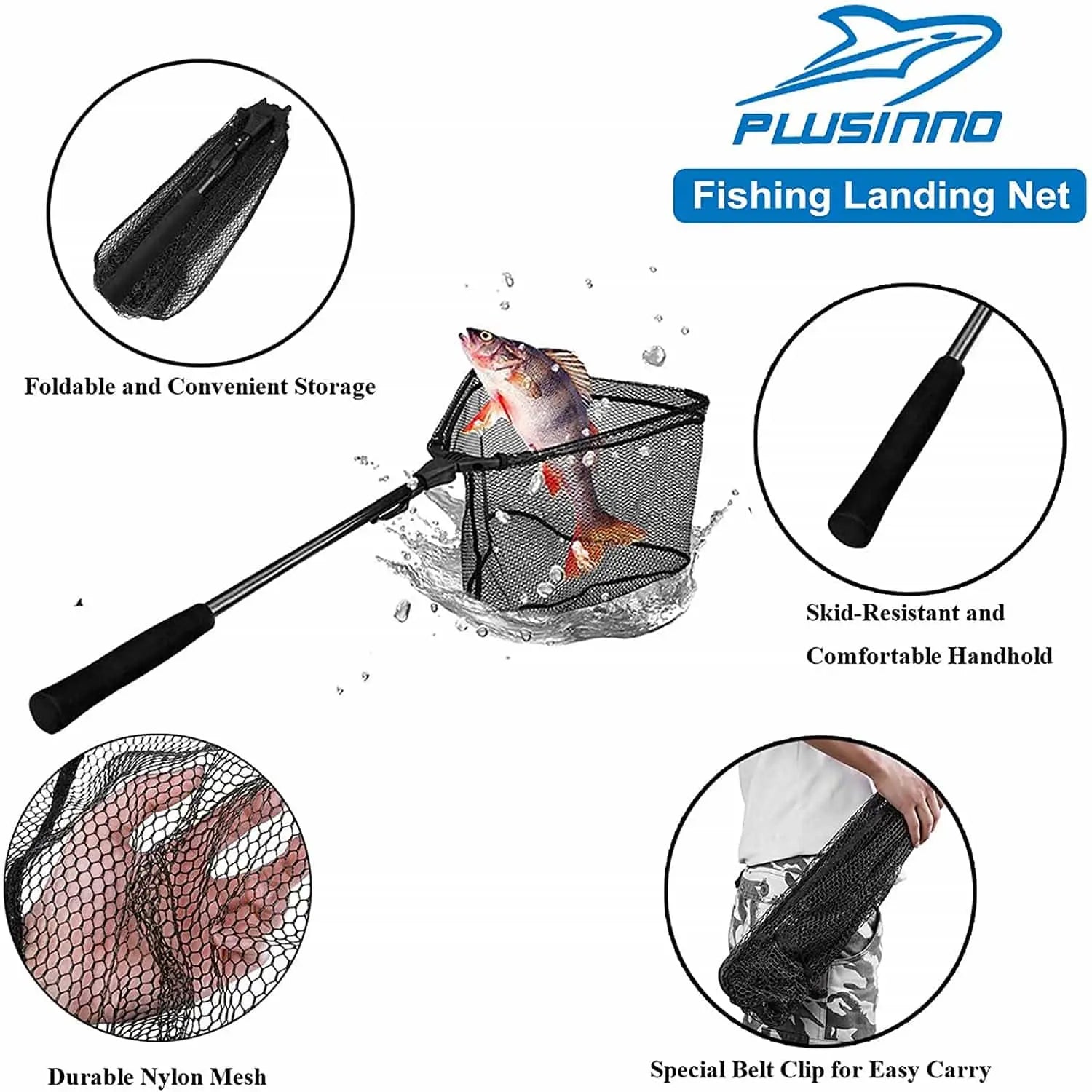 PLUSINNO FN8 Fish Landing Net avec Perche Fixe