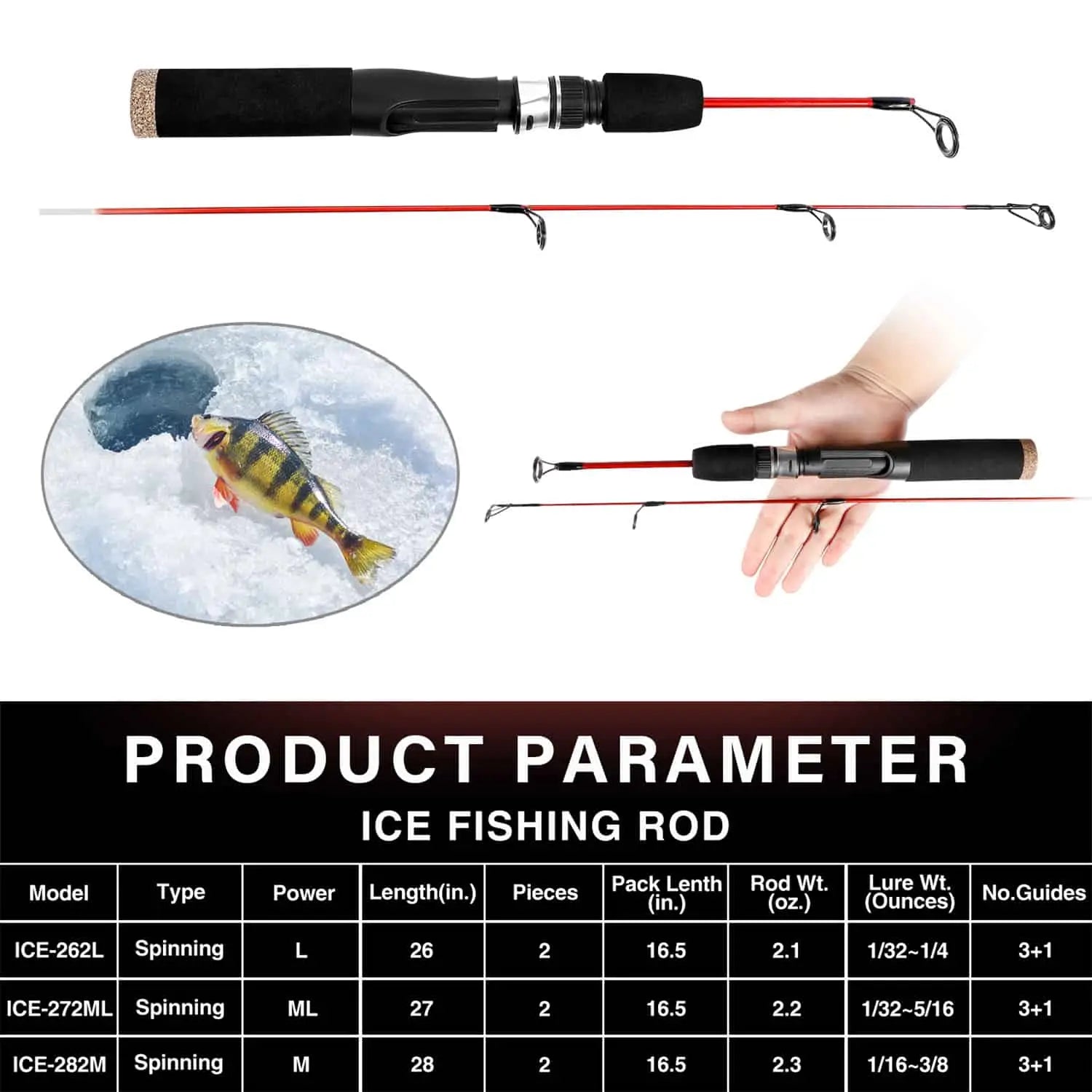 PLUSINNO Ultralight Winter Ice Fishing Rod Reel Combo 26/27/28 inch. Medium  Light Fast Action