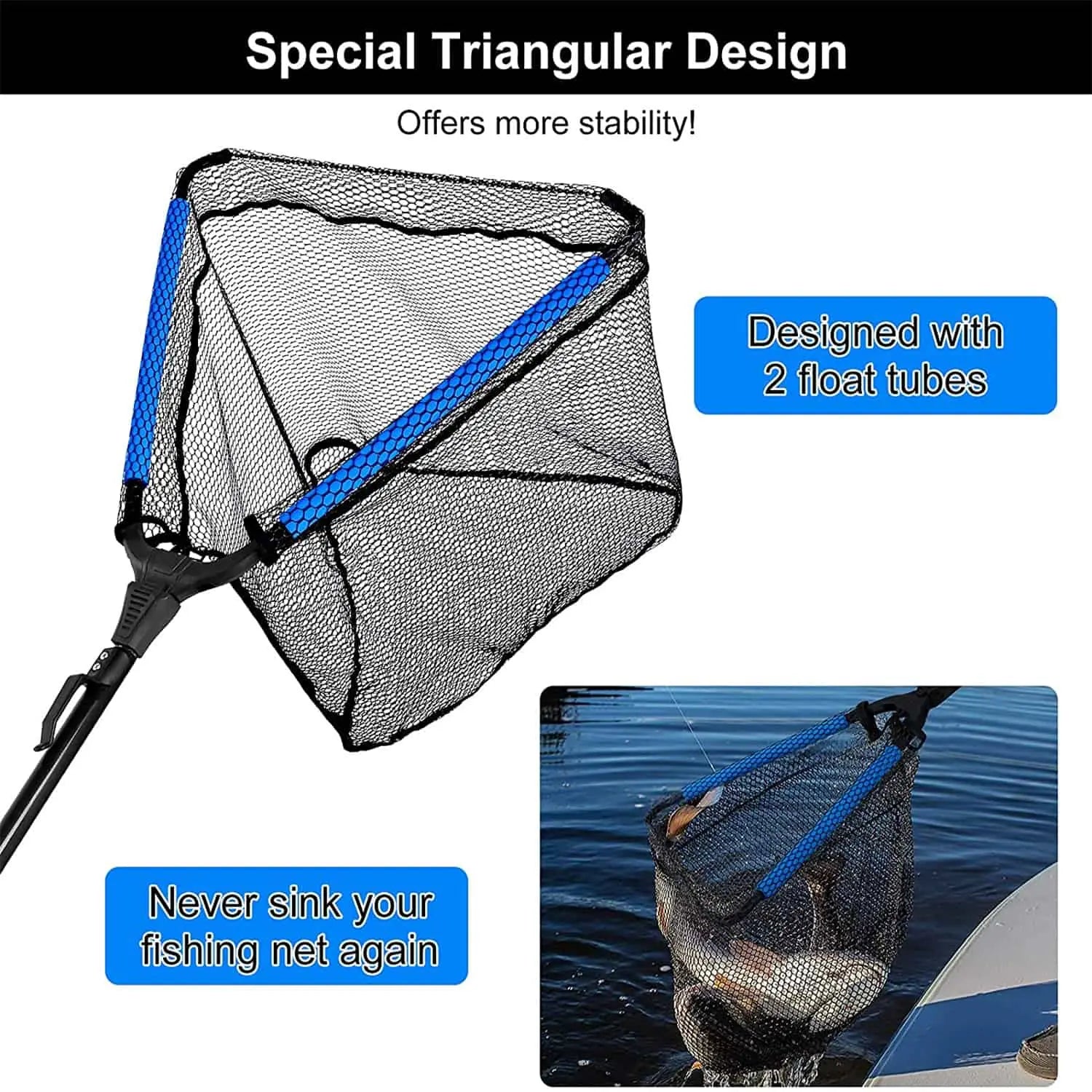 PLUSINNO FN3 Épuisette Triangulaire Flottant pour Poissons avec Perche Fixe