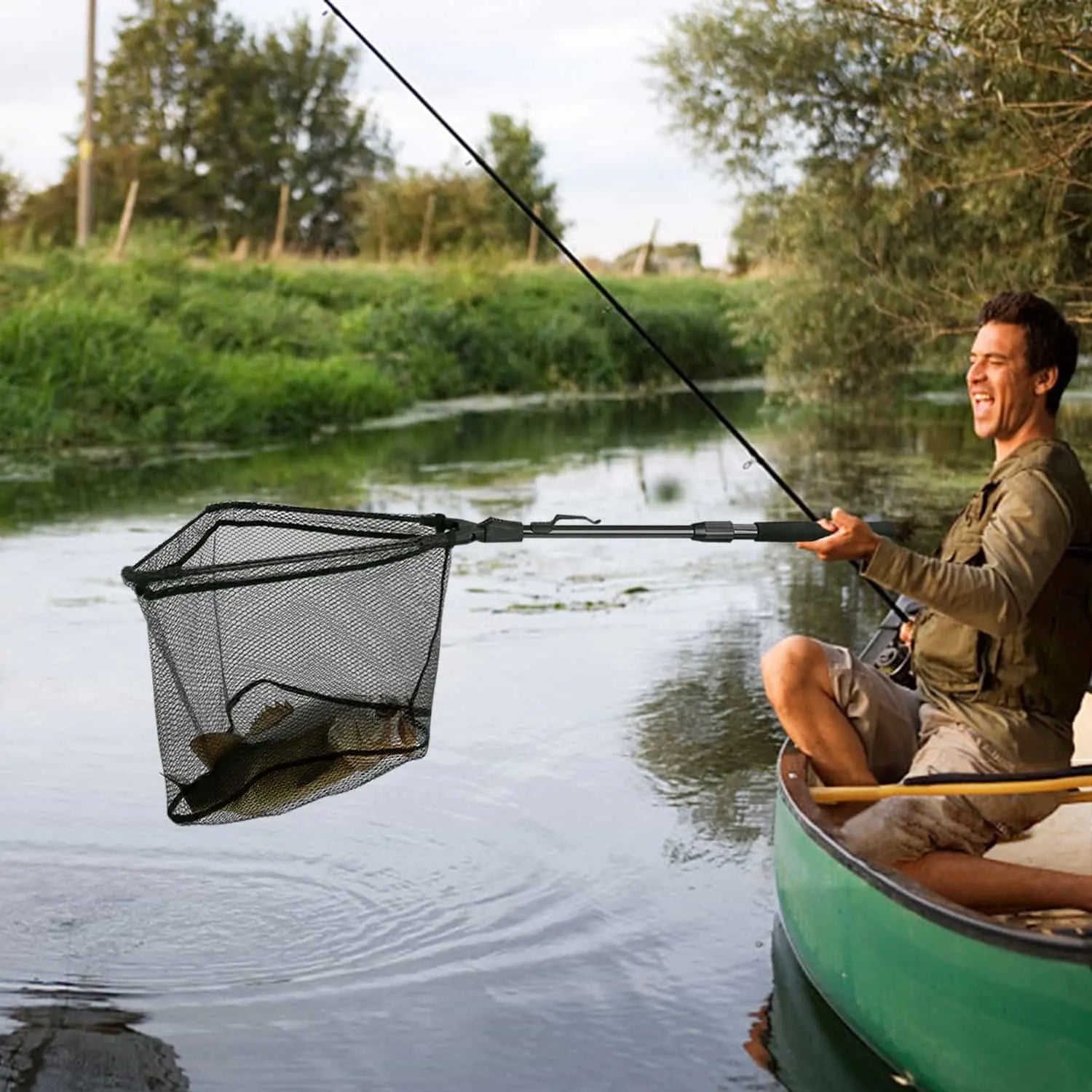 PLUSINNO FN9 Fish Landing Net with Foldable Telescopic Pole Handle