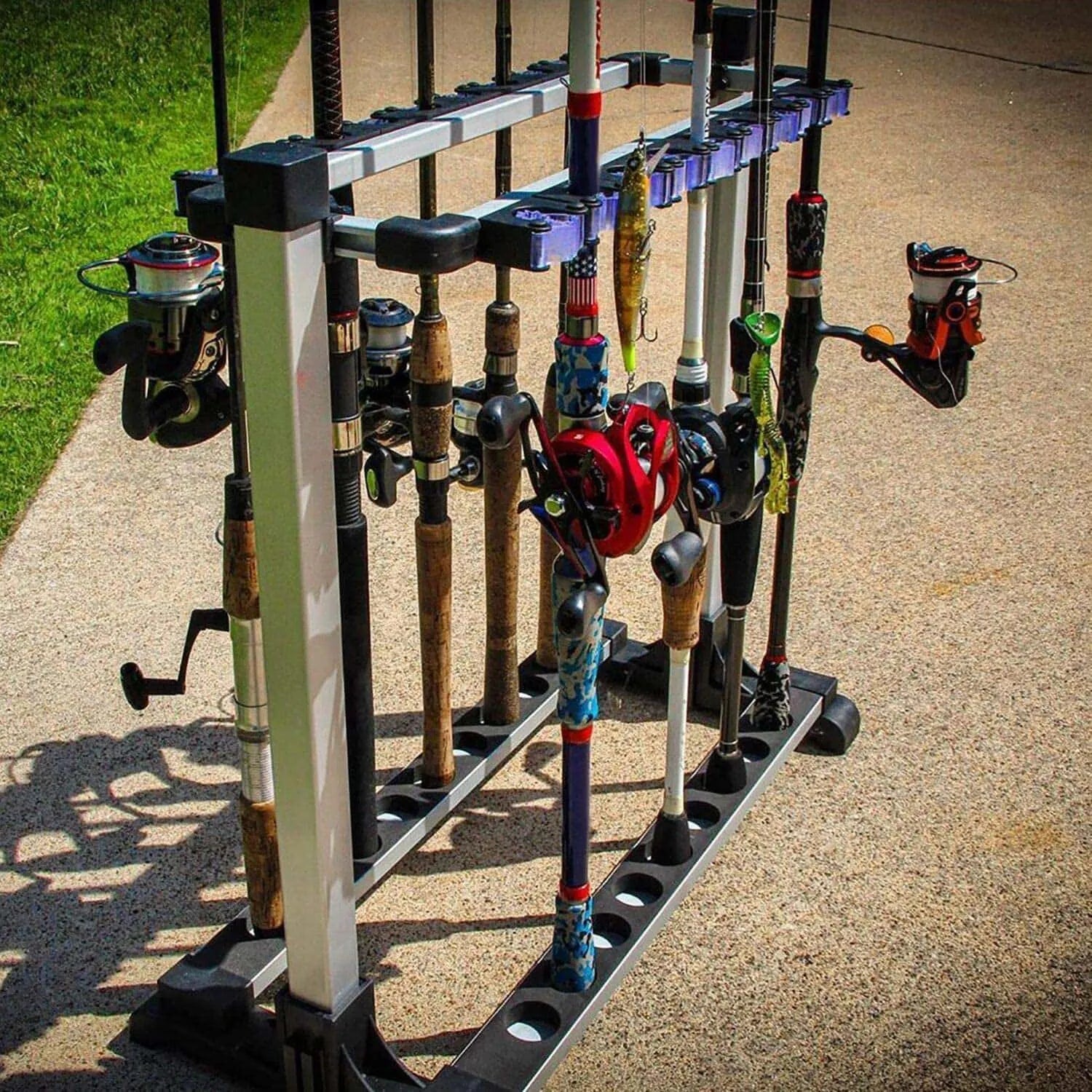 fishing rod holder with storage PLUSINNO V18 Fishing Rod Holder Storage Rack – Plusinno