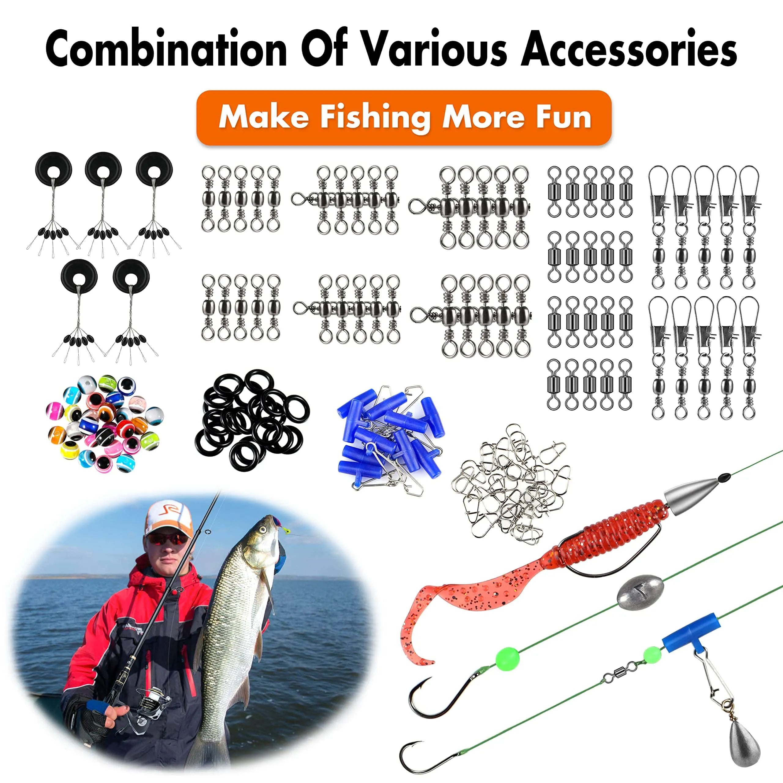 PLUSINNO Fishing Accessories Kit, Fishing Tackle Kit with Tackle Box  Including Fishing Weights Sinkers, Jig Hooks, Beads, Swivel Snap, Bobbers  Float, Saltwater Freshwater Fishing Gear 10pcs Fishing Hook Kit