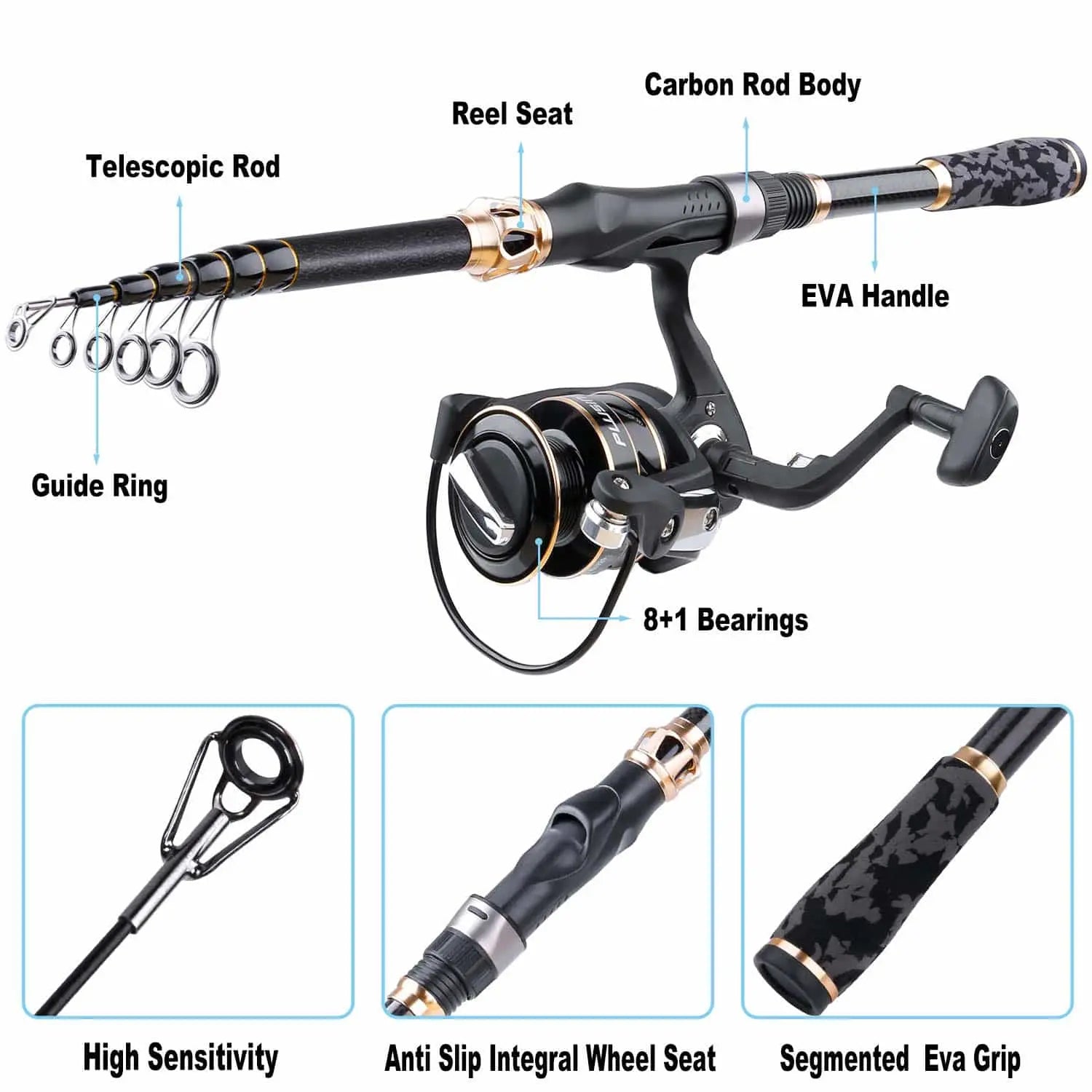 PLUSINNO Eagle Hunting VI Telescopic Fishing Rods and Reel Combos