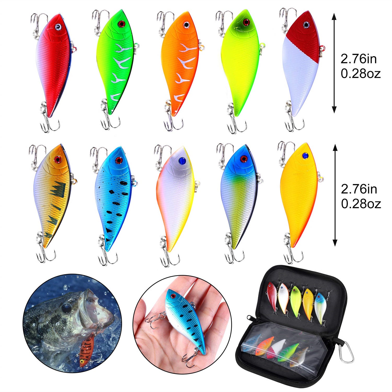 PLUSINNO 10pcs VIB Fishing Lures with Portable Carry Bag