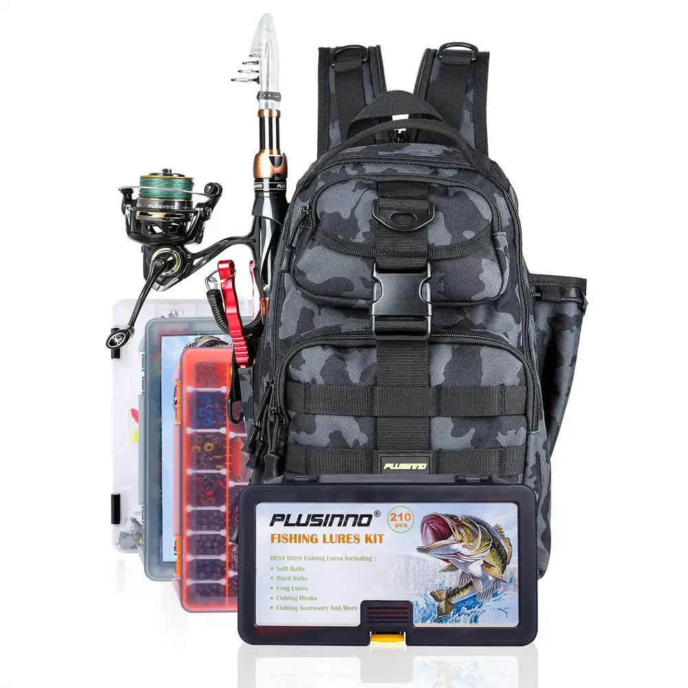PLUSINNO Waterproof Fishing Tackle Backpack With Rod Holder Plusinno