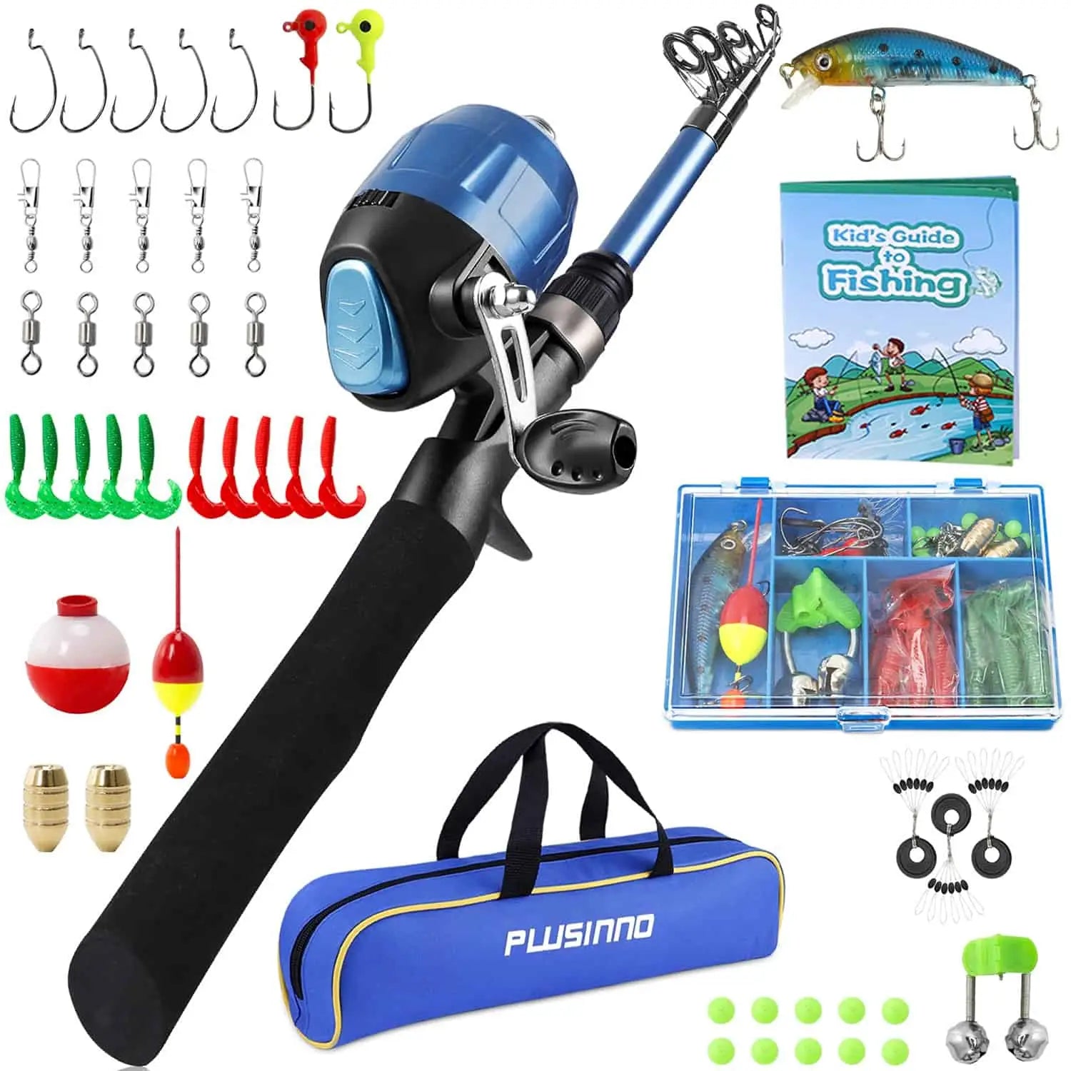 PLUSINNO KFR1 Kids Combo de caña de pescar Kits completos con bolsa