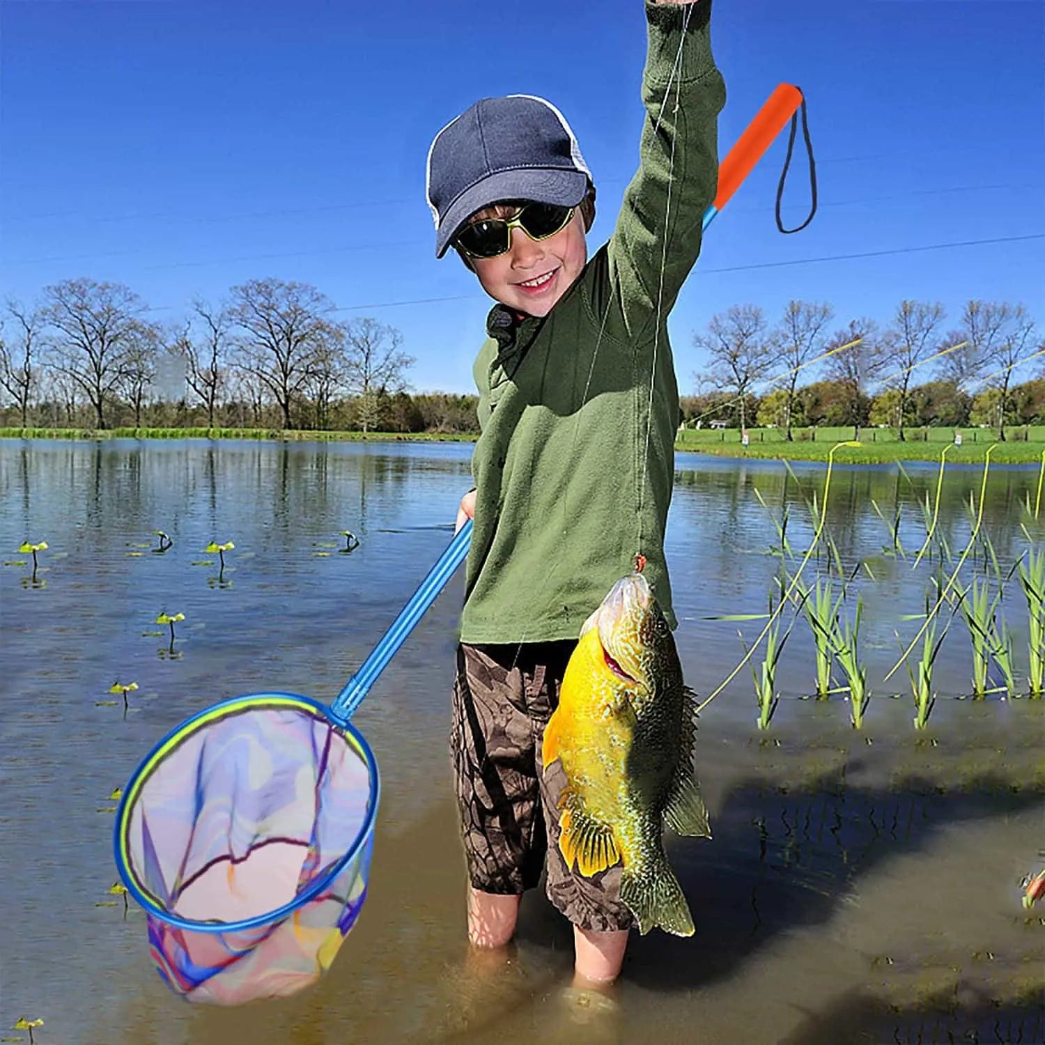 PLUSINNO KFN1 Red de pesca para niños con mango retráctil de fibra de carbono