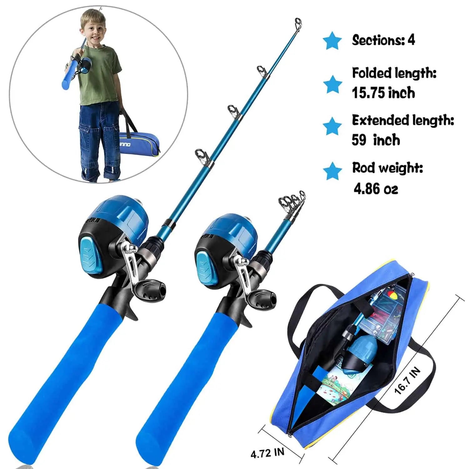 PLUSINNO KFR1 Kids Combo de caña de pescar Kits completos con bolsa