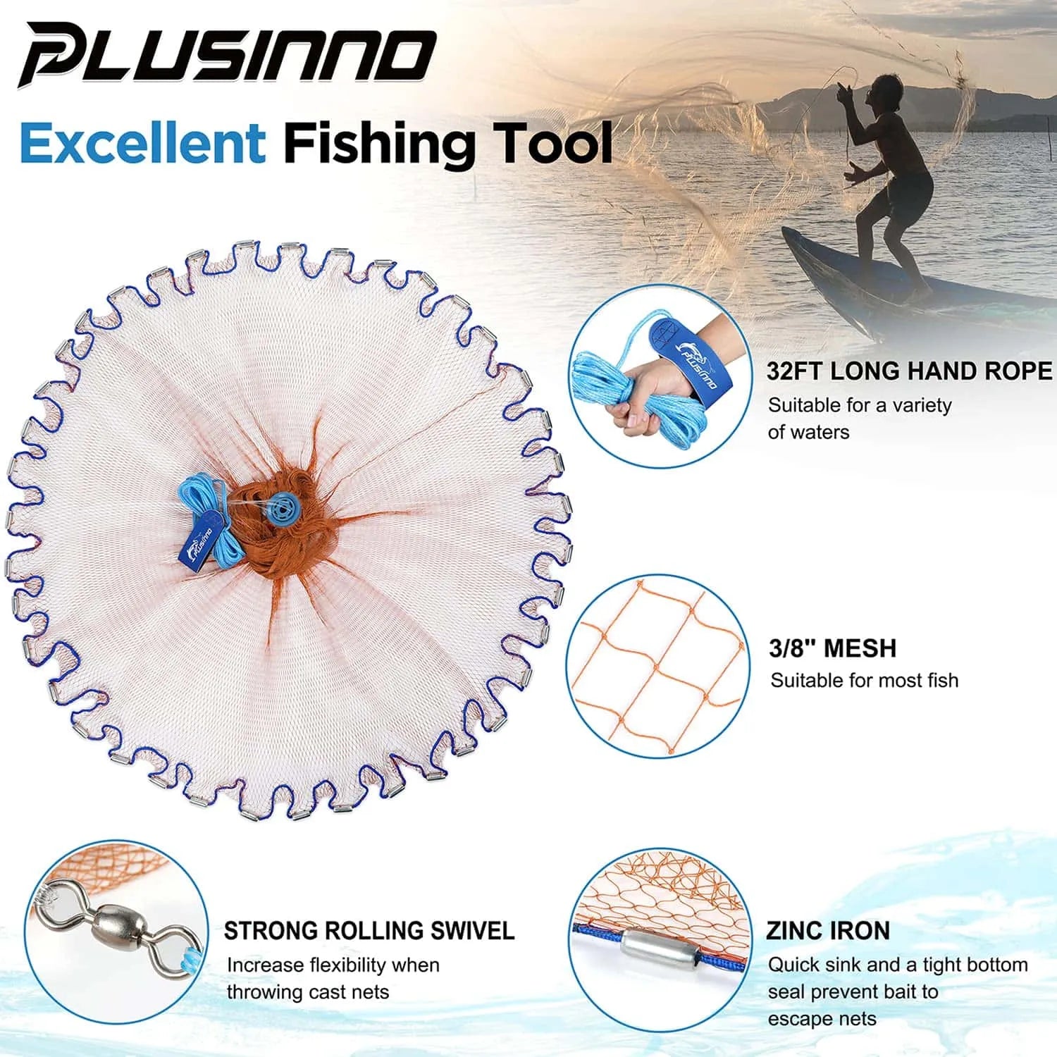 PLUSINNO Cast Net avec Aluminium Frisbee
