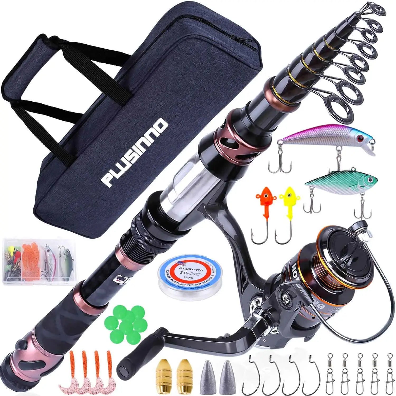 PLUSINNO Eagle Hunting V Spinning Fishing Rod and Reel Combos with Carrier Case