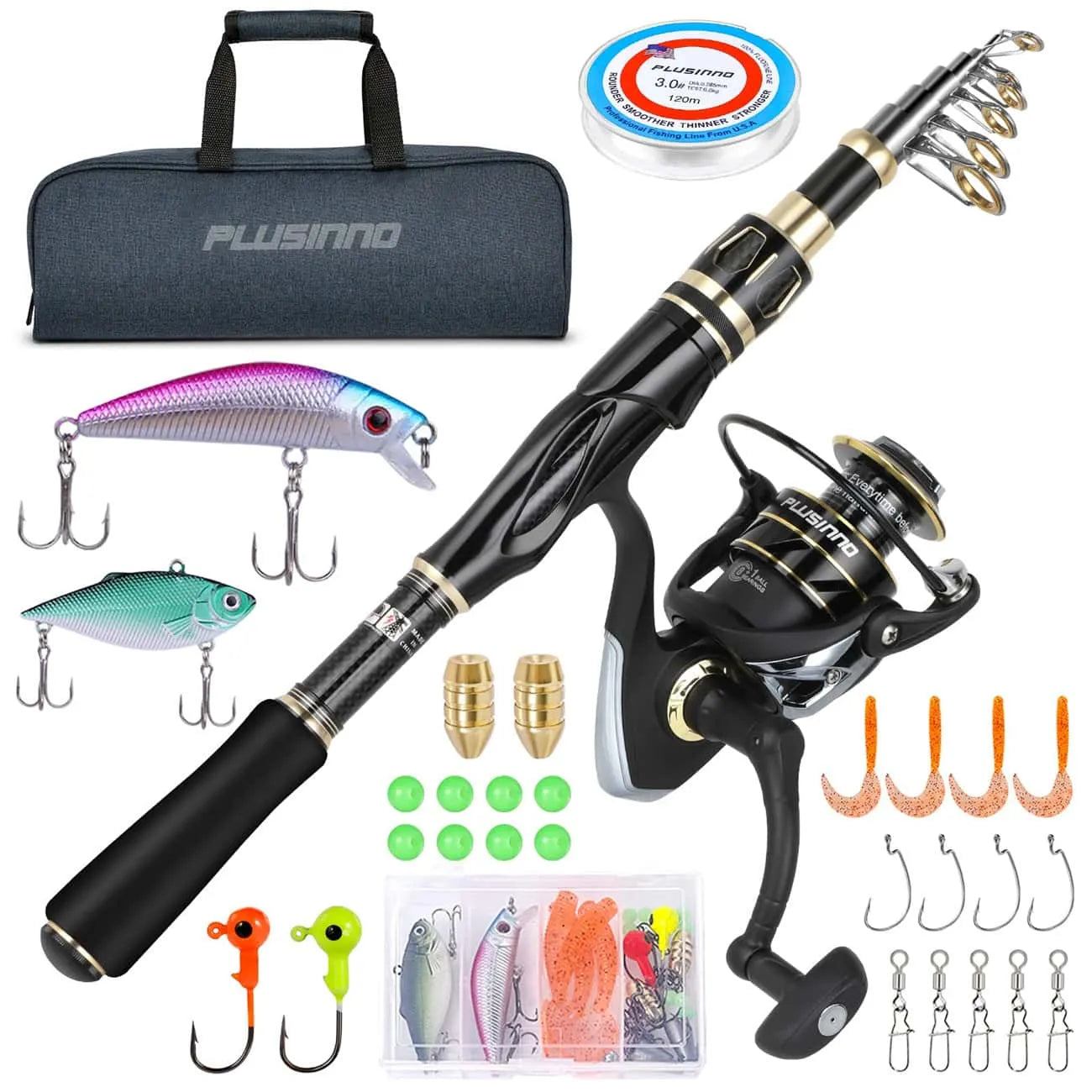 PLUSINNO Eagle Hunting VIII Fishing Rod and Reel Combos Set with Carrier Case