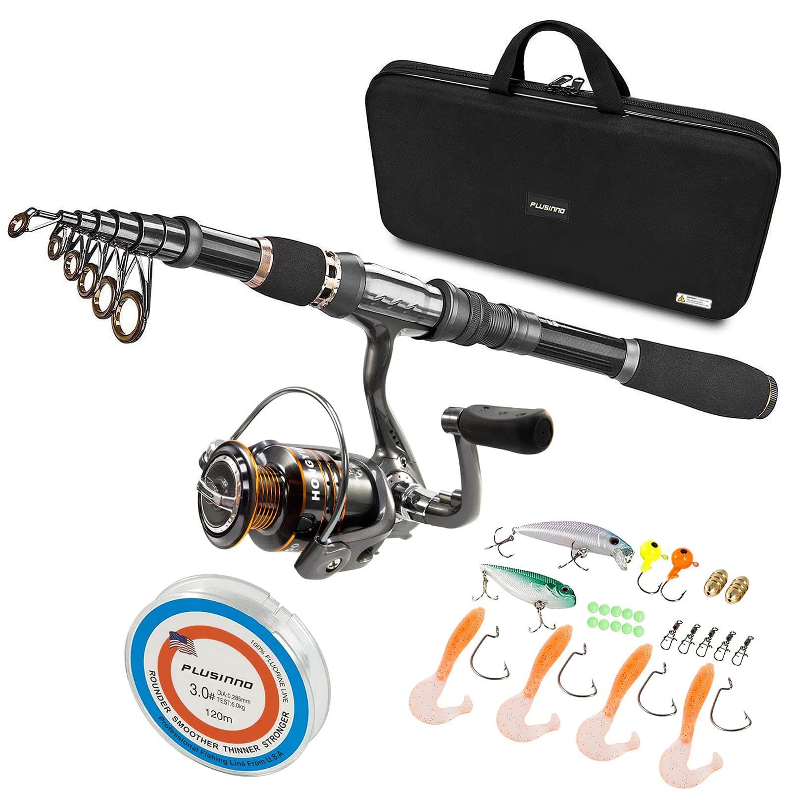 PLUSINNO Eagle Hunting Ⅱ Telescopic Fishing Rods and Reel Combos with Carrier Case