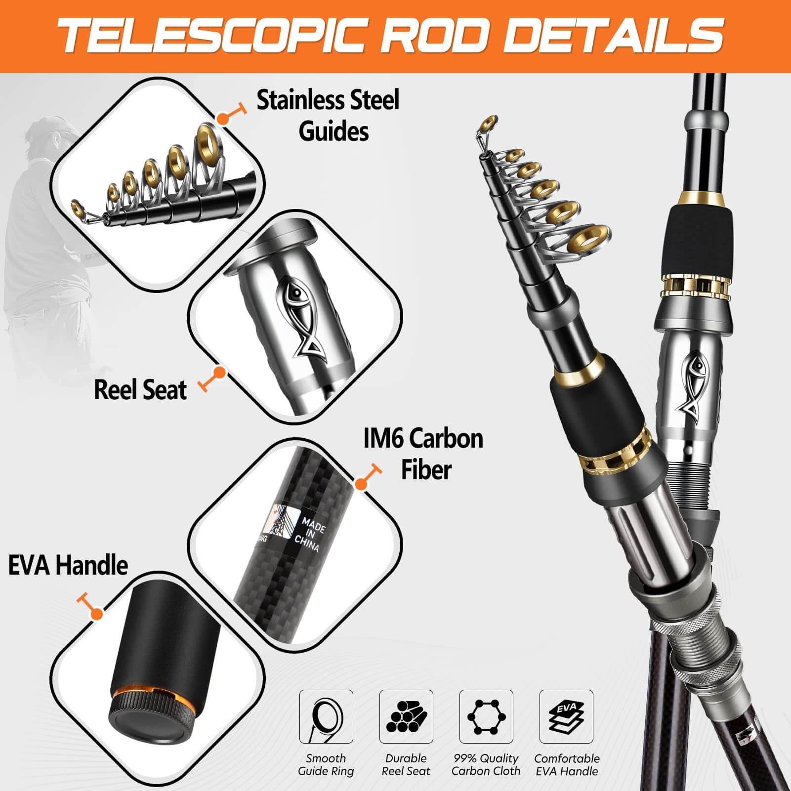 PLUSINNO Fishing Rod and Reel Combos Carbon Fiber Telescopic Fishing Pole with Reel Combo Sea Saltwater Freshwater Kit Fishing Rod Kit