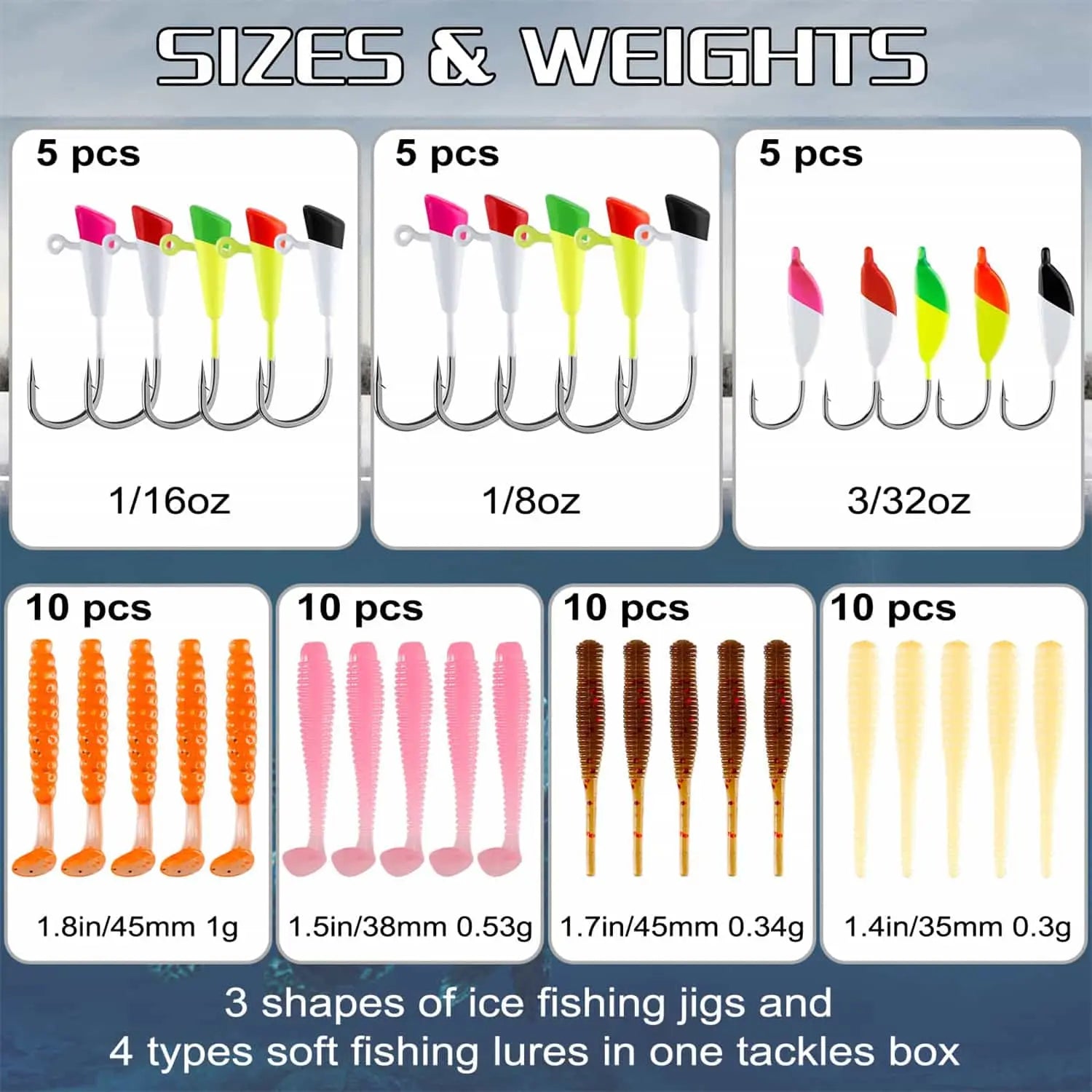 PLUSINNO 55 piezas kit de señuelos de pesca en hielo
