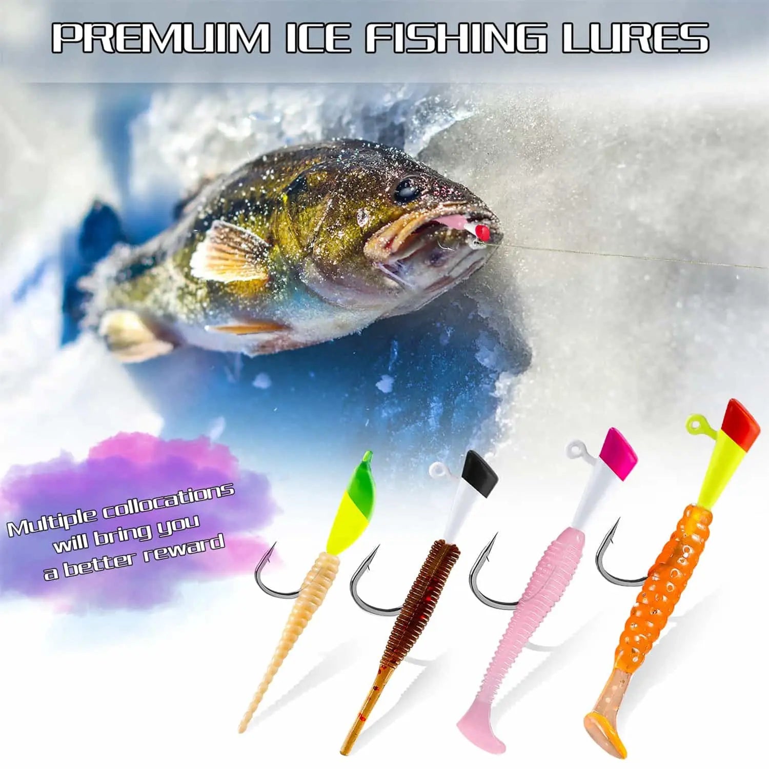 PLUSINNO 55 piezas kit de señuelos de pesca en hielo