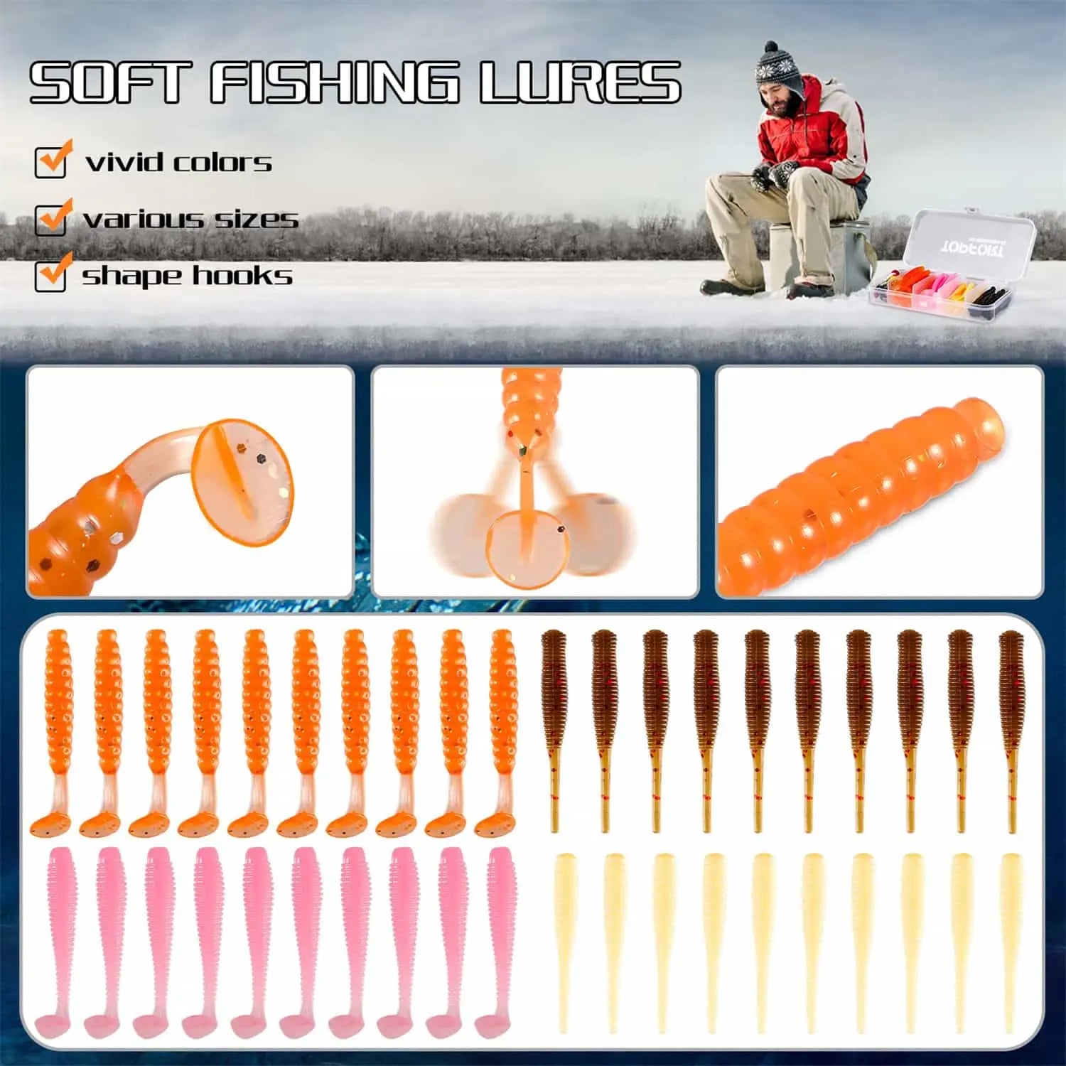 PLUSINNO 55 piezas kit de señuelos de pesca en hielo