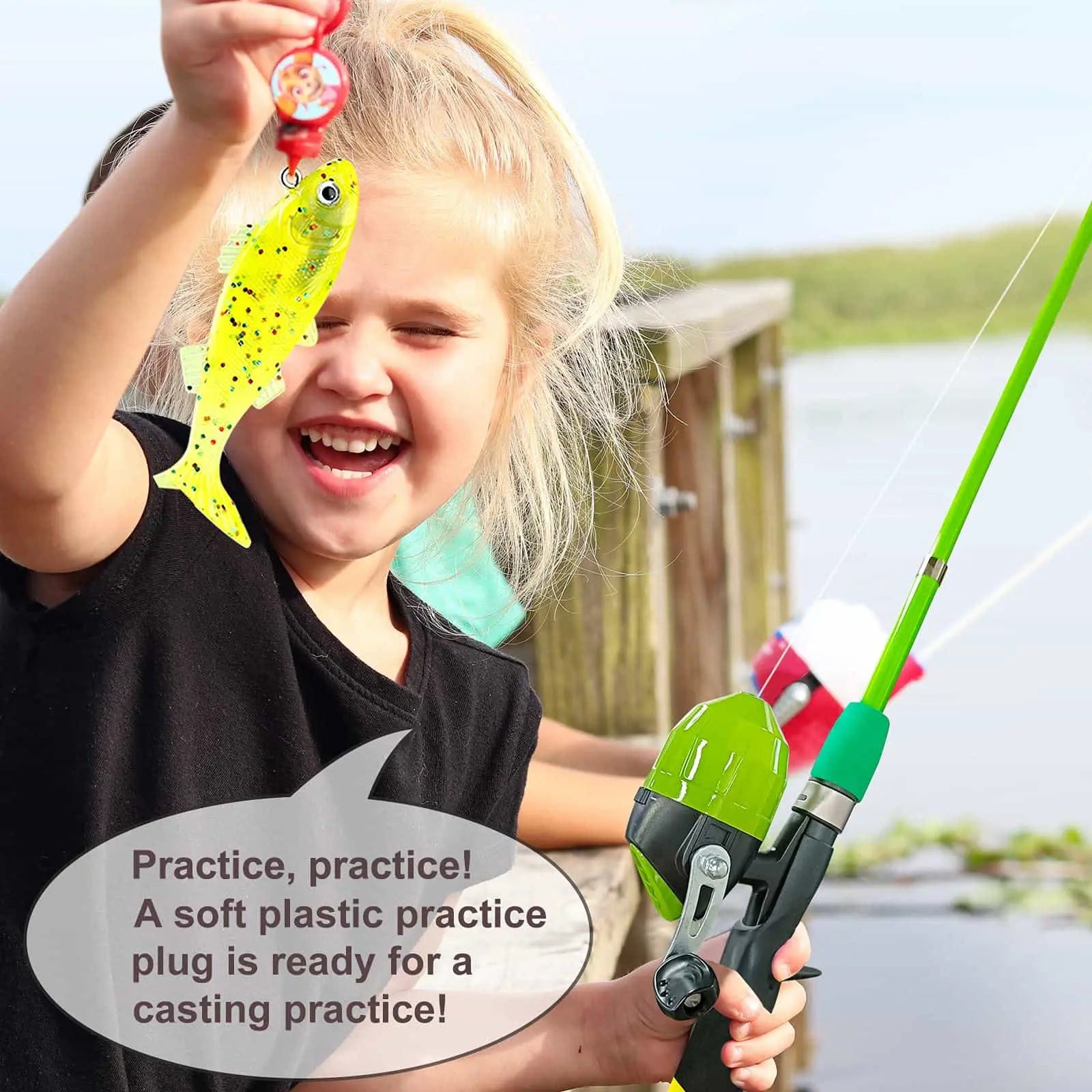 Kids Open Faced Spinning Green Beginner Fishing Pole Starter Kit